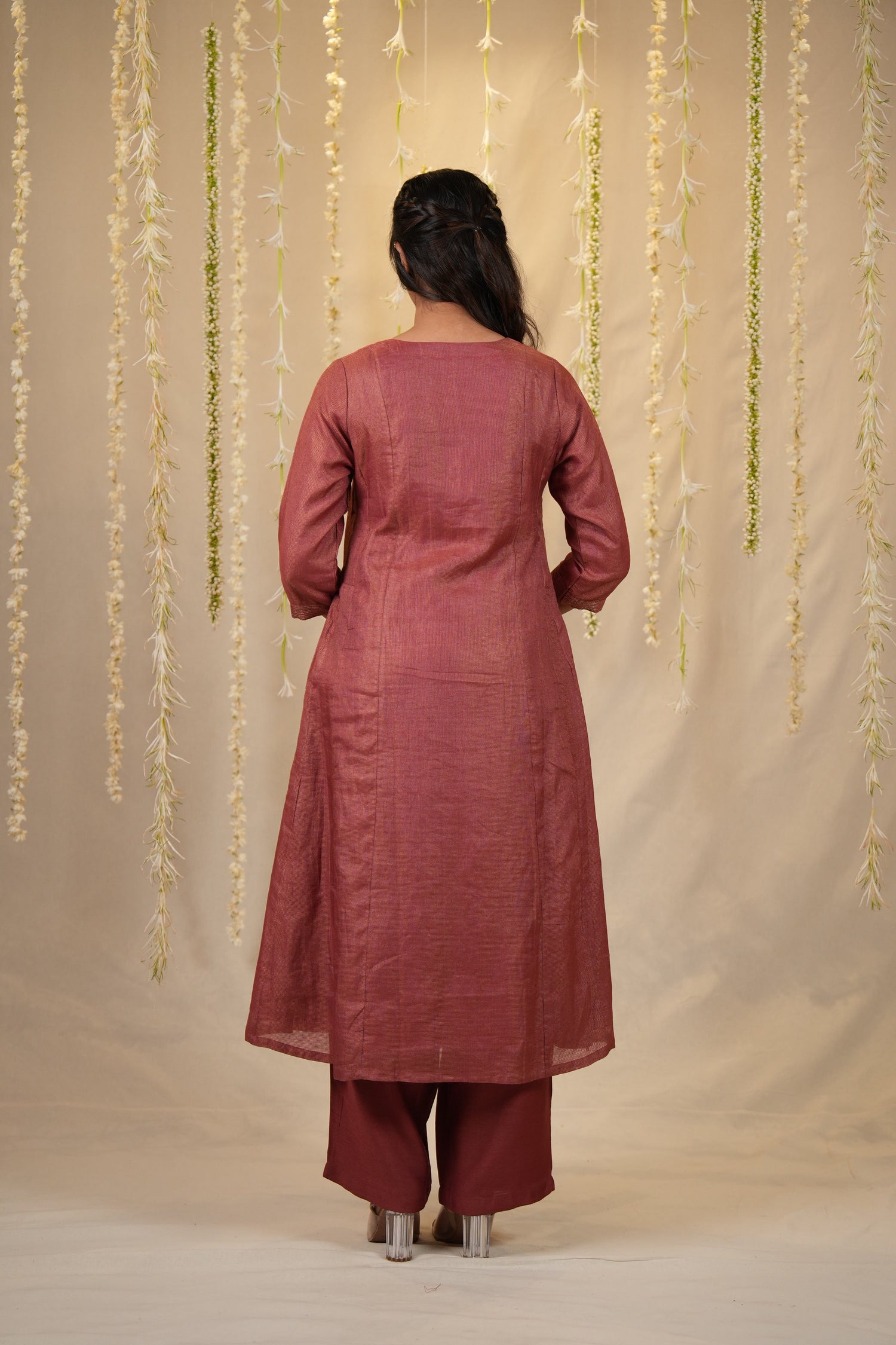 Ek Dor Rust Checked Tissue Silk Kurta Set with Dupatta - Set of Three