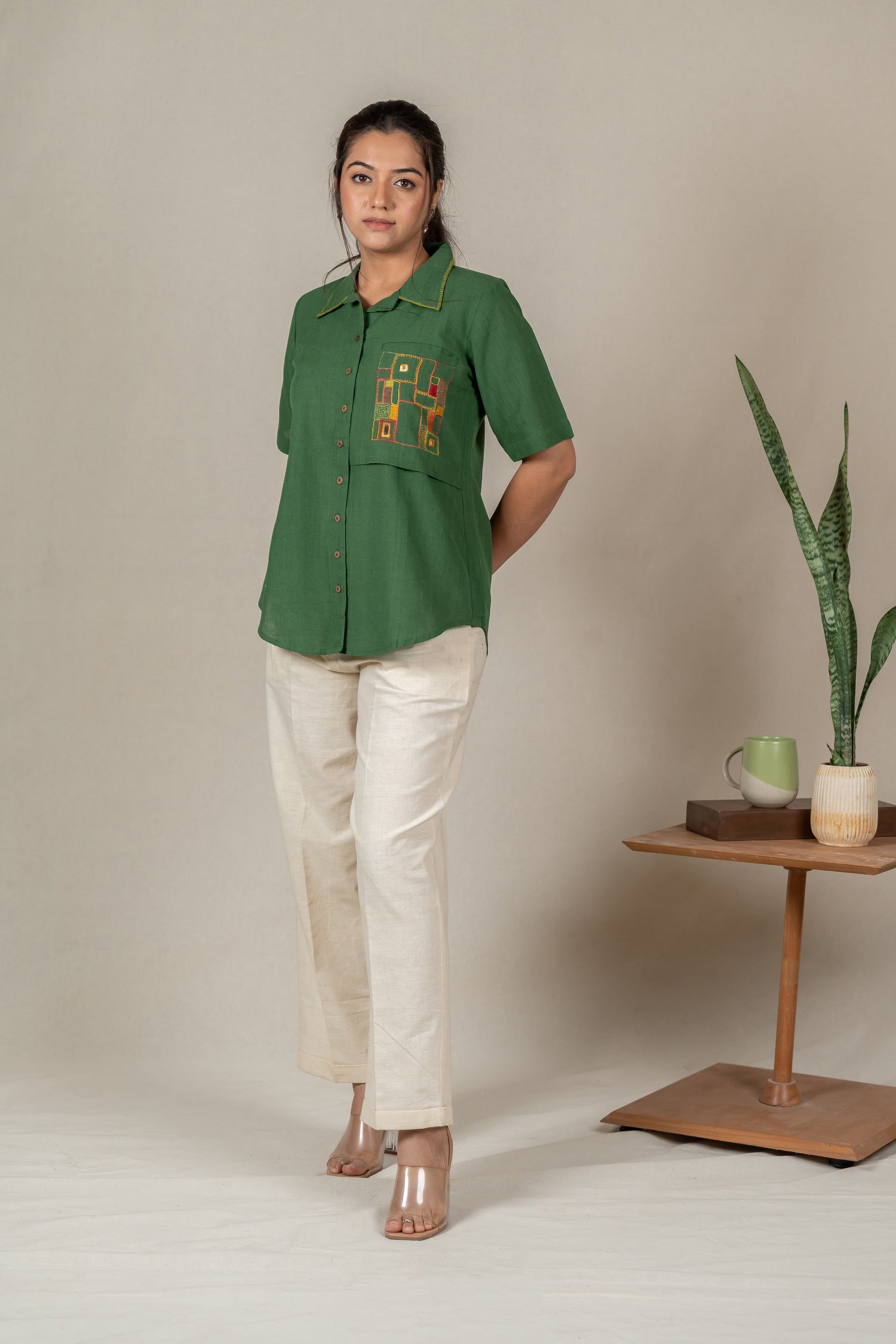 Hand Embroidered Handloom Cotton Shirt with Apple-Cut Hem in Green – Suchi