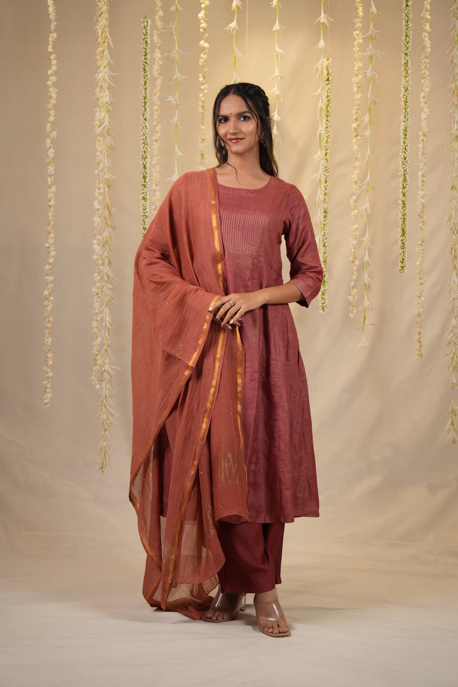 Ek Dor Rust Checked Tissue Silk Kurta Set with Dupatta - Set of Three
