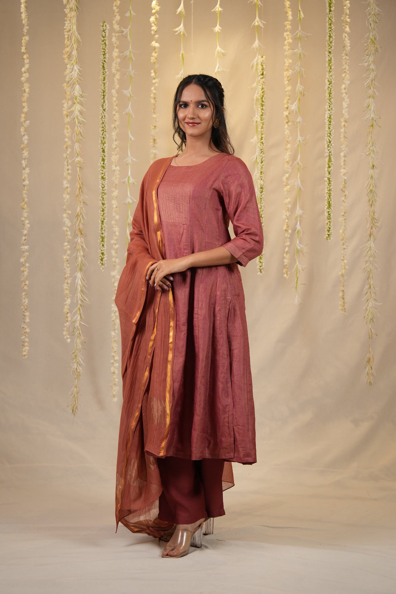 Ek Dor Rust Checked Tissue Silk Kurta Set with Dupatta - Set of Three