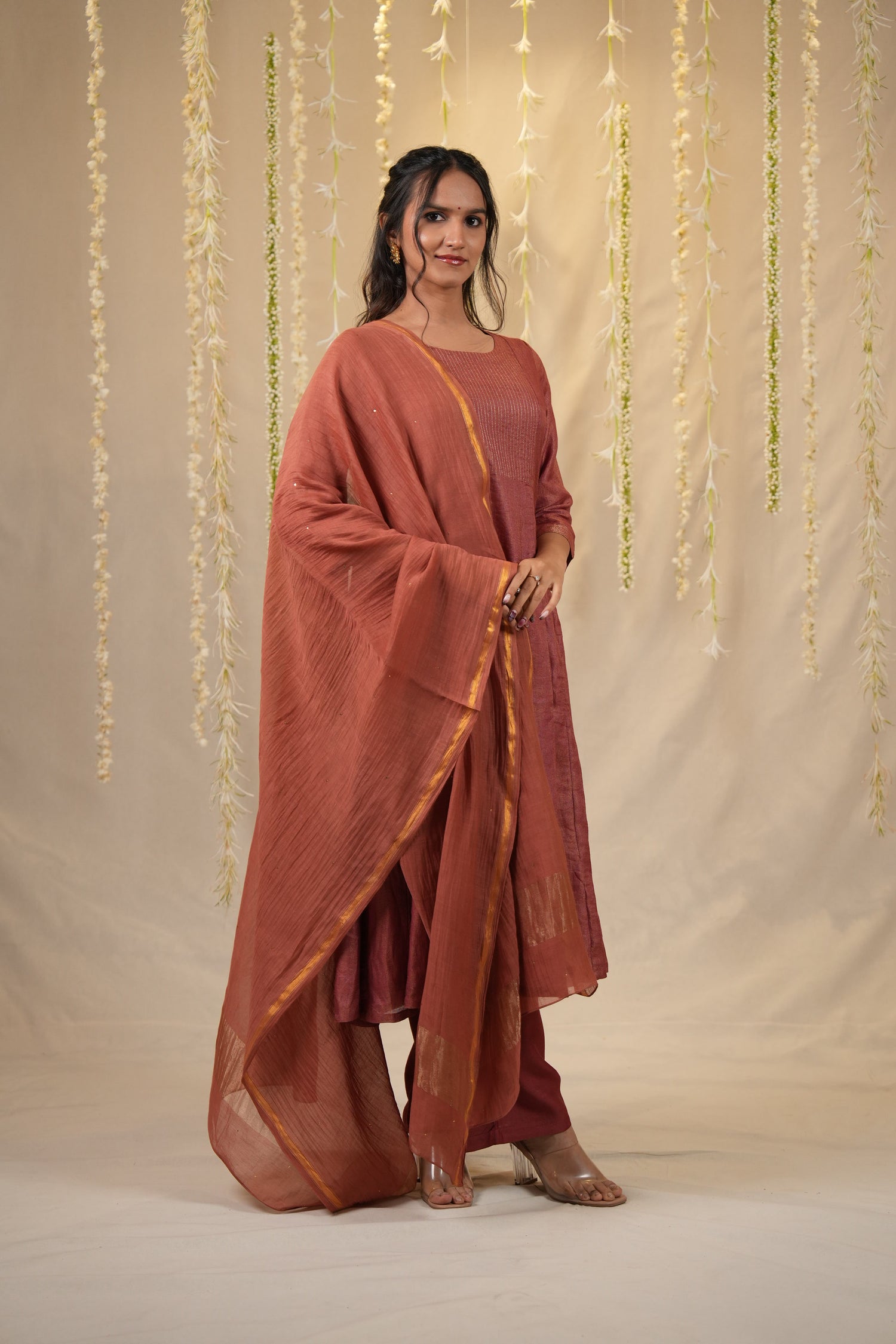 Ek Dor Rust Checked Tissue Silk Kurta Set with Dupatta - Set of Three