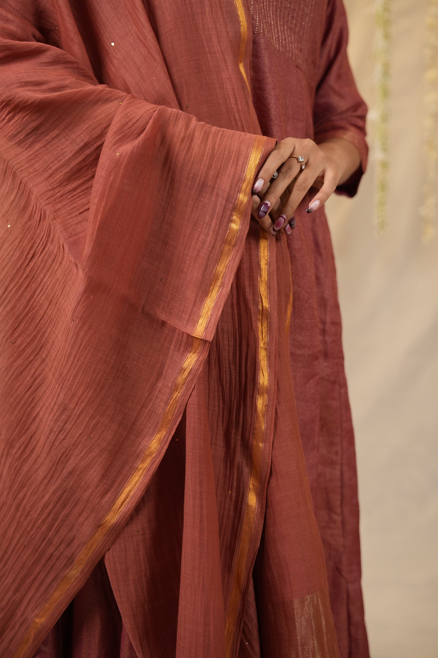 Ek Dor Rust Checked Tissue Silk Kurta Set with Dupatta - Set of Three
