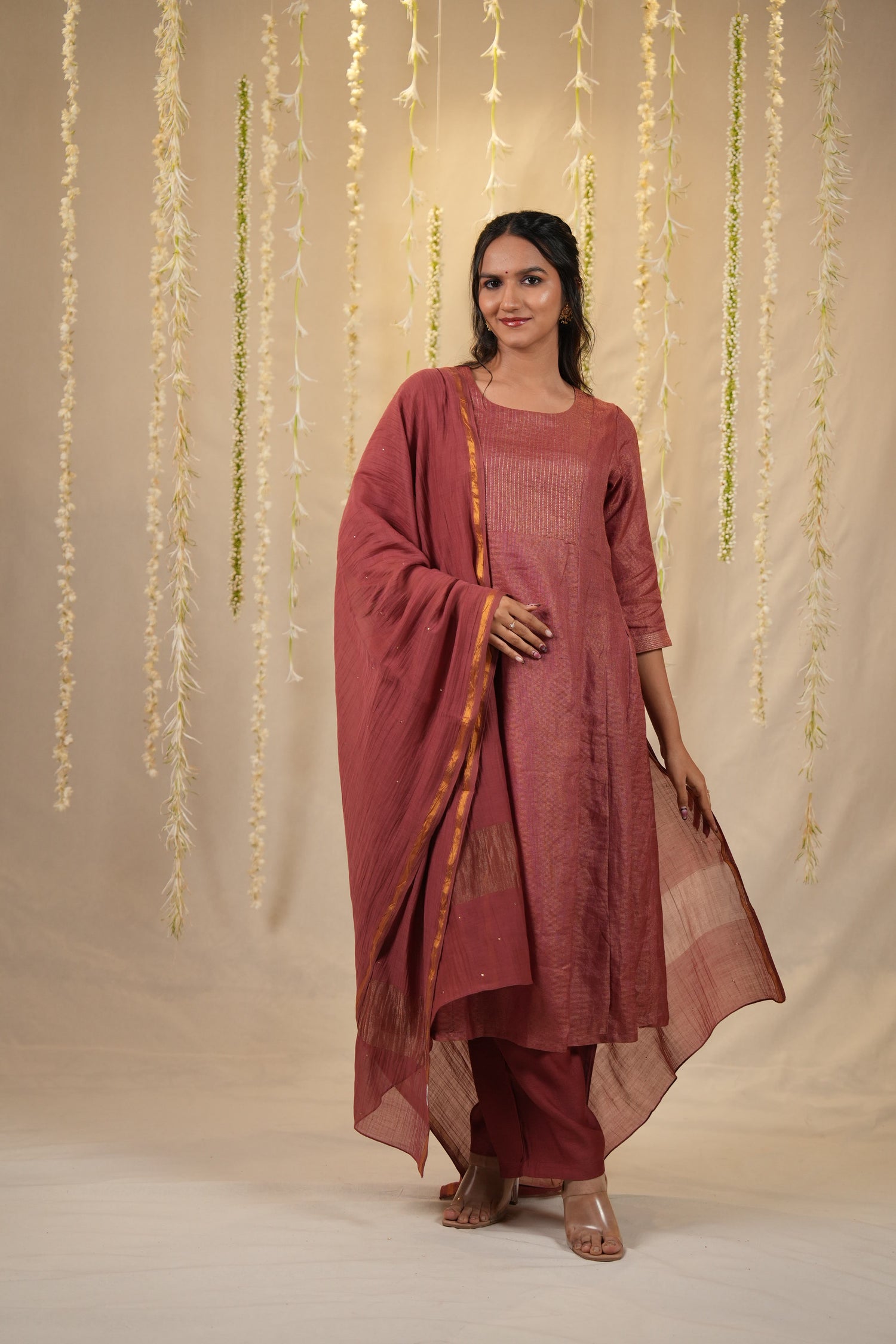 Ek Dor Rust Checked Tissue Silk Kurta Set with Dupatta - Set of Three