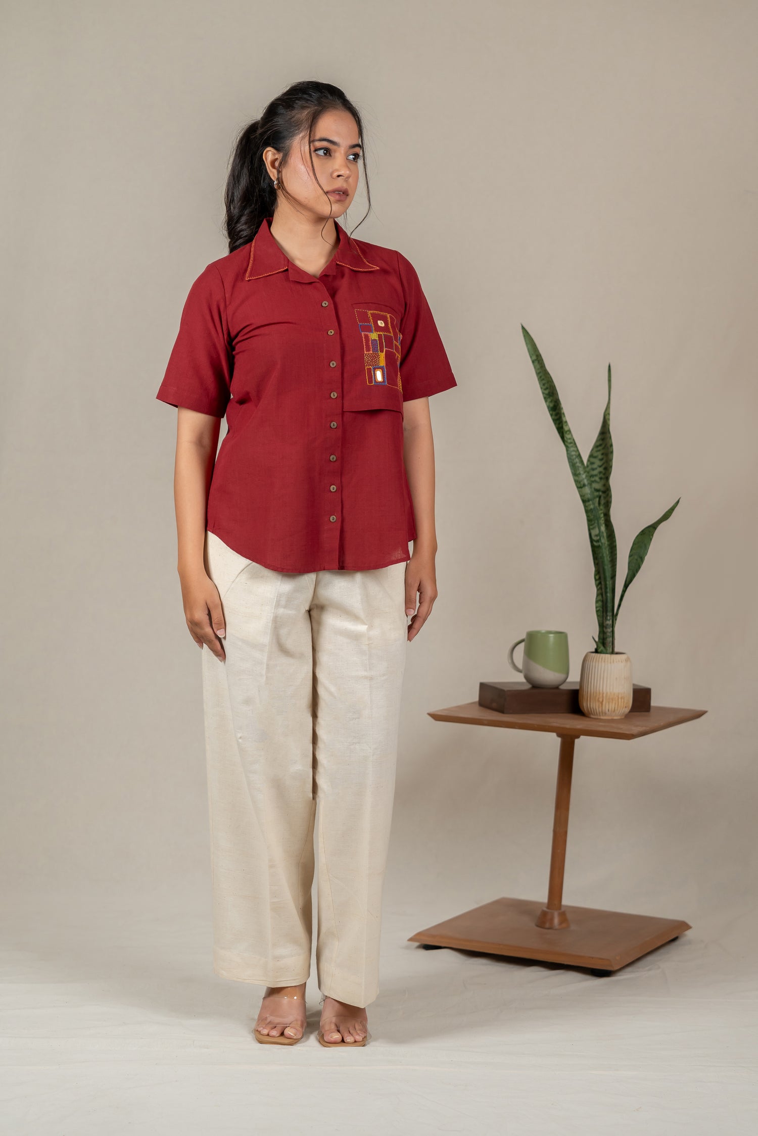 Hand Embroidered Cotton Shirt with Apple-Cut Hem in Maroon – Suchi