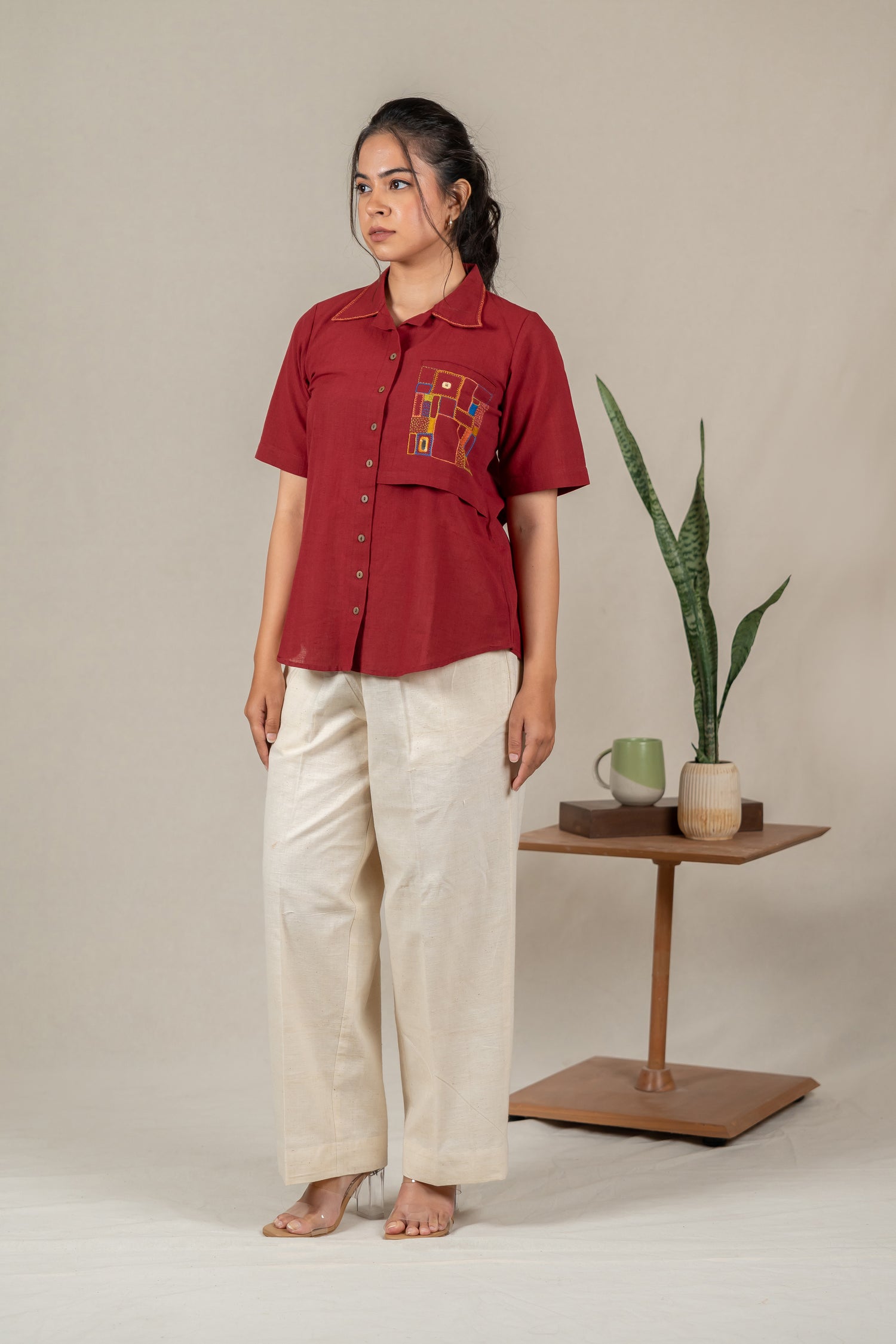 Hand Embroidered Cotton Shirt with Apple-Cut Hem in Maroon – Suchi