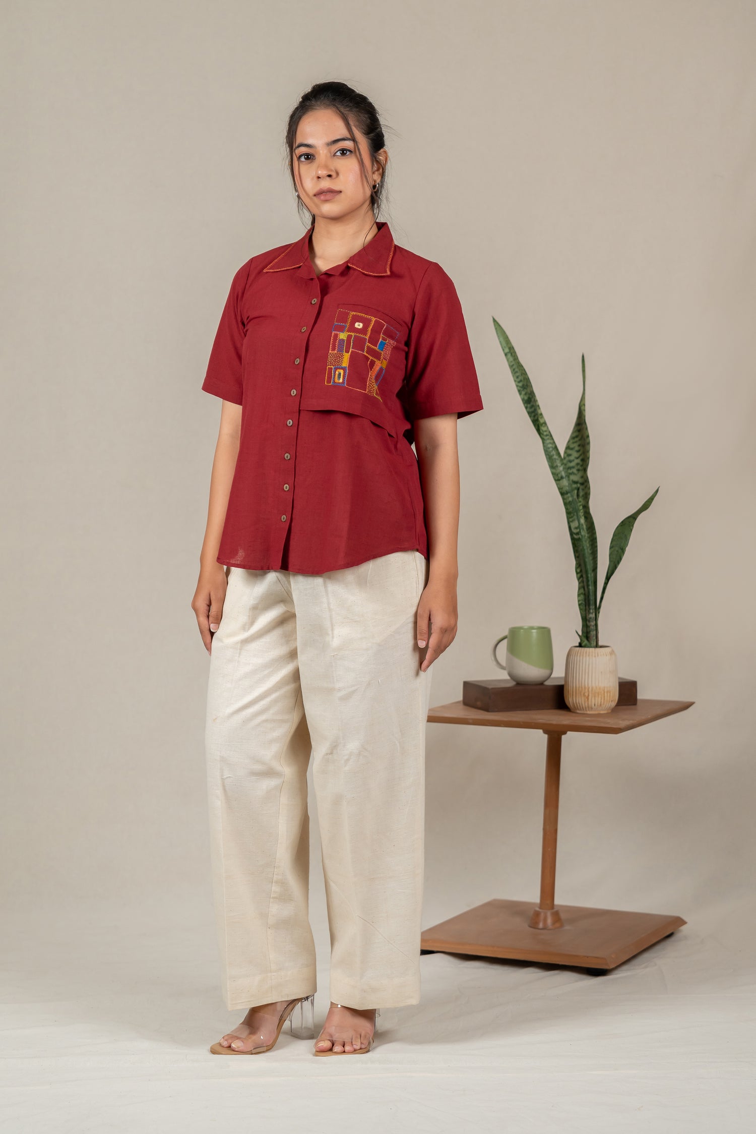 Hand Embroidered Cotton Shirt with Apple-Cut Hem in Maroon – Suchi
