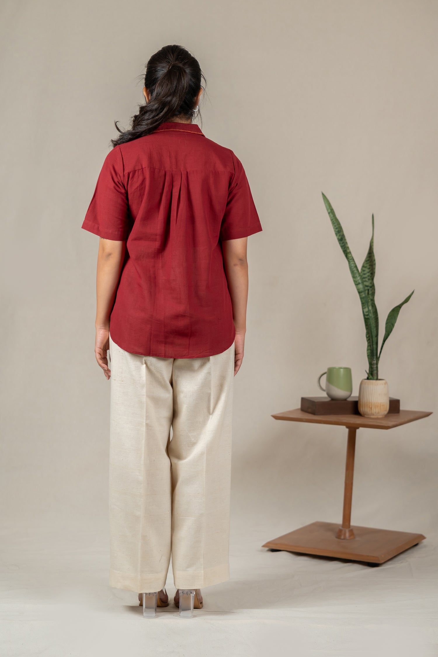 Hand Embroidered Cotton Shirt with Apple-Cut Hem in Maroon – Suchi