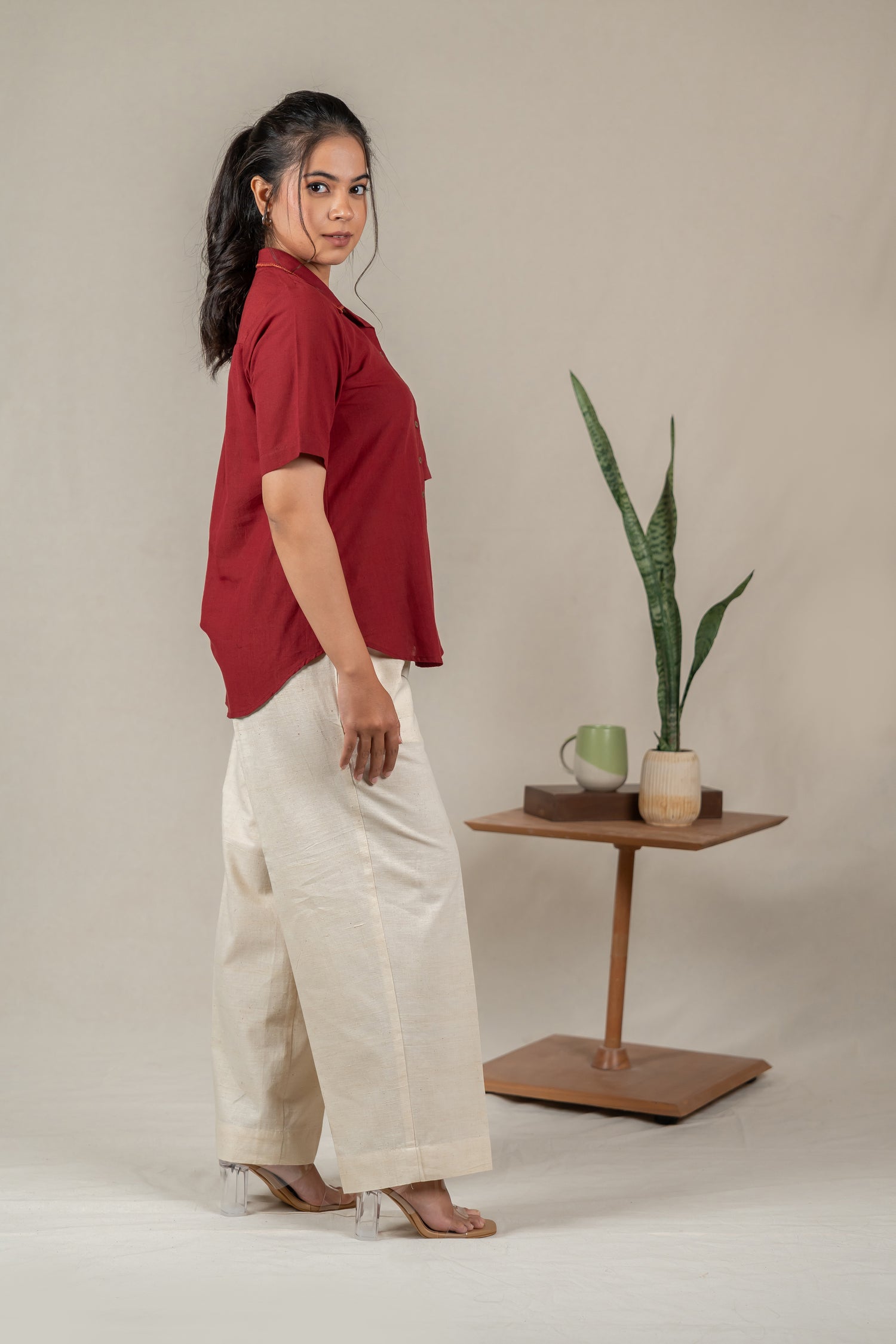 Hand Embroidered Cotton Shirt with Apple-Cut Hem in Maroon – Suchi