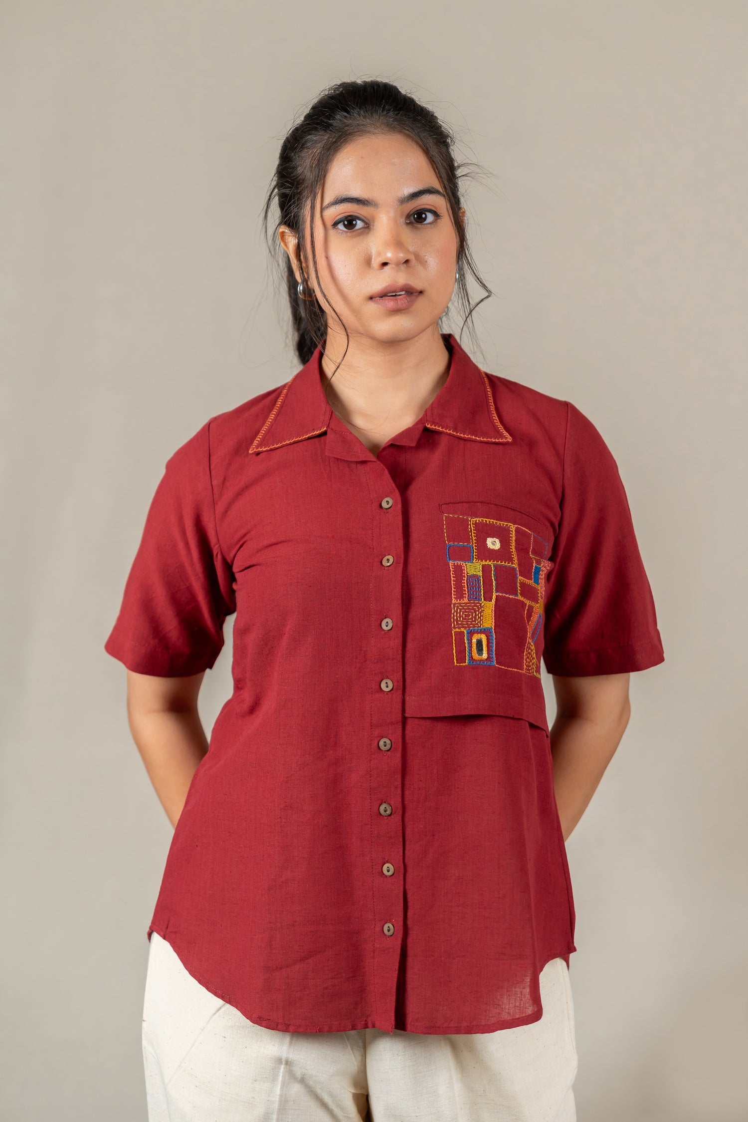 Hand Embroidered Cotton Shirt with Apple-Cut Hem in Maroon – Suchi