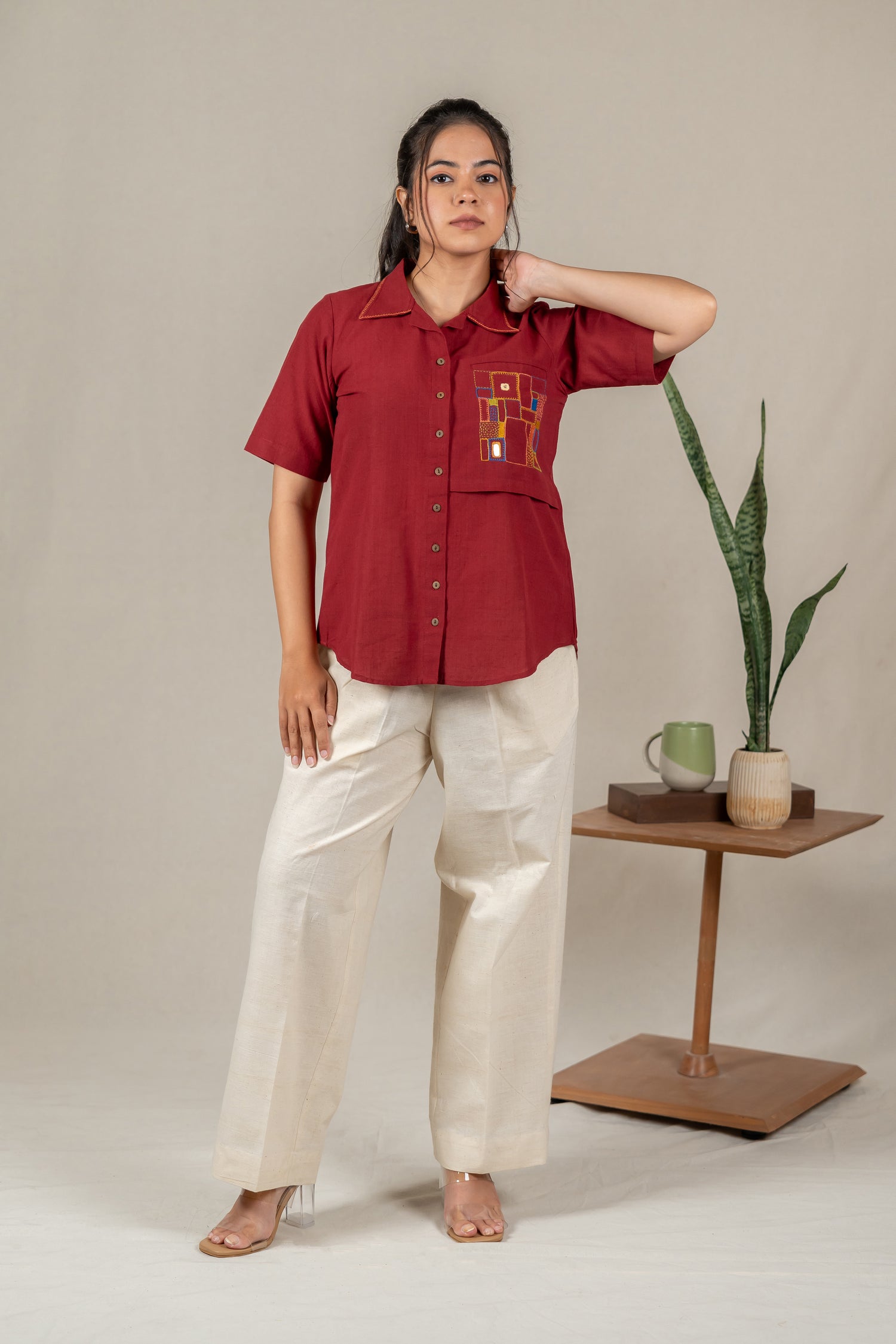 Hand Embroidered Cotton Shirt with Apple-Cut Hem in Maroon – Suchi