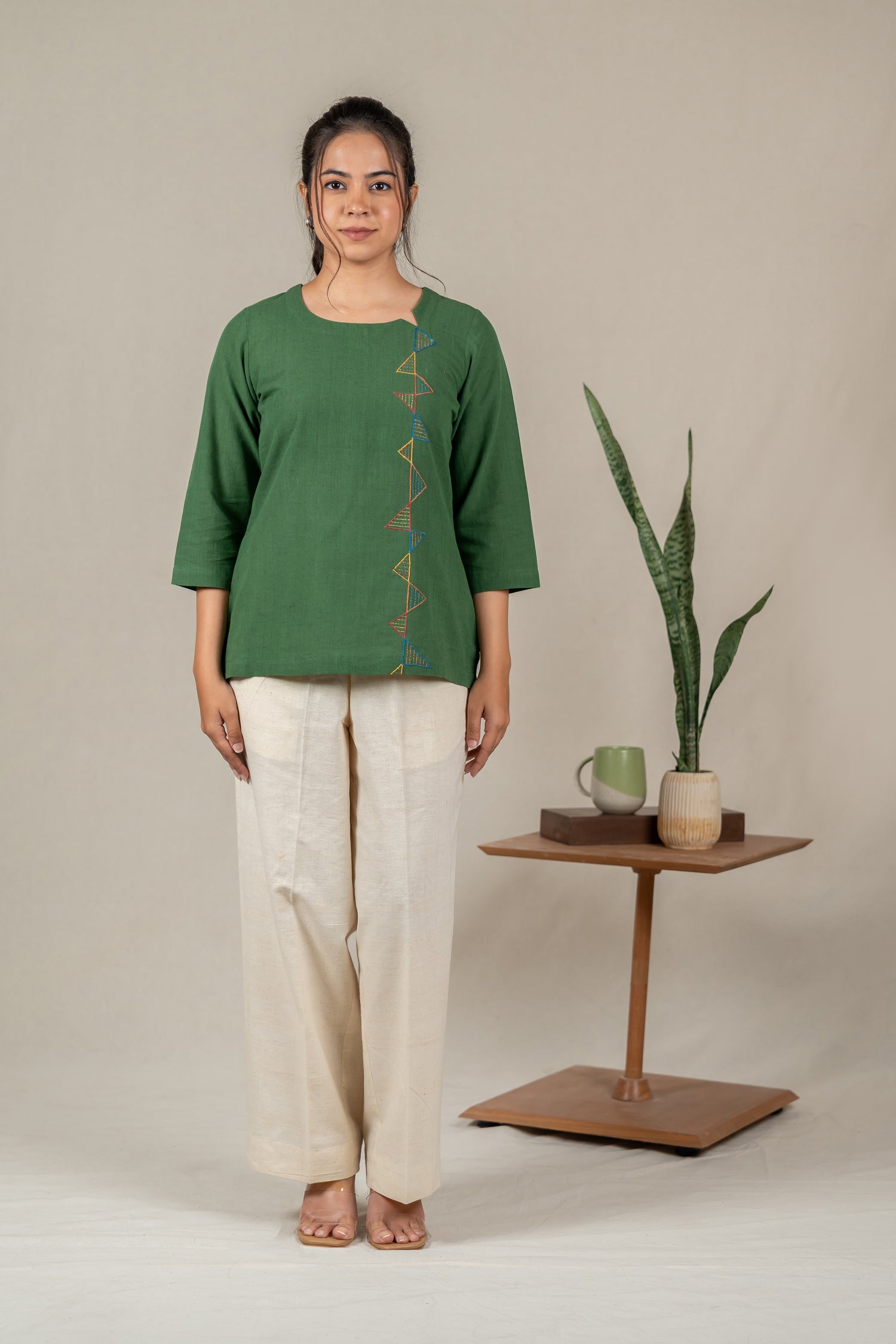 Hand Embroidered Cotton Tunic with Off-Center V-Neck in Green – Suchi