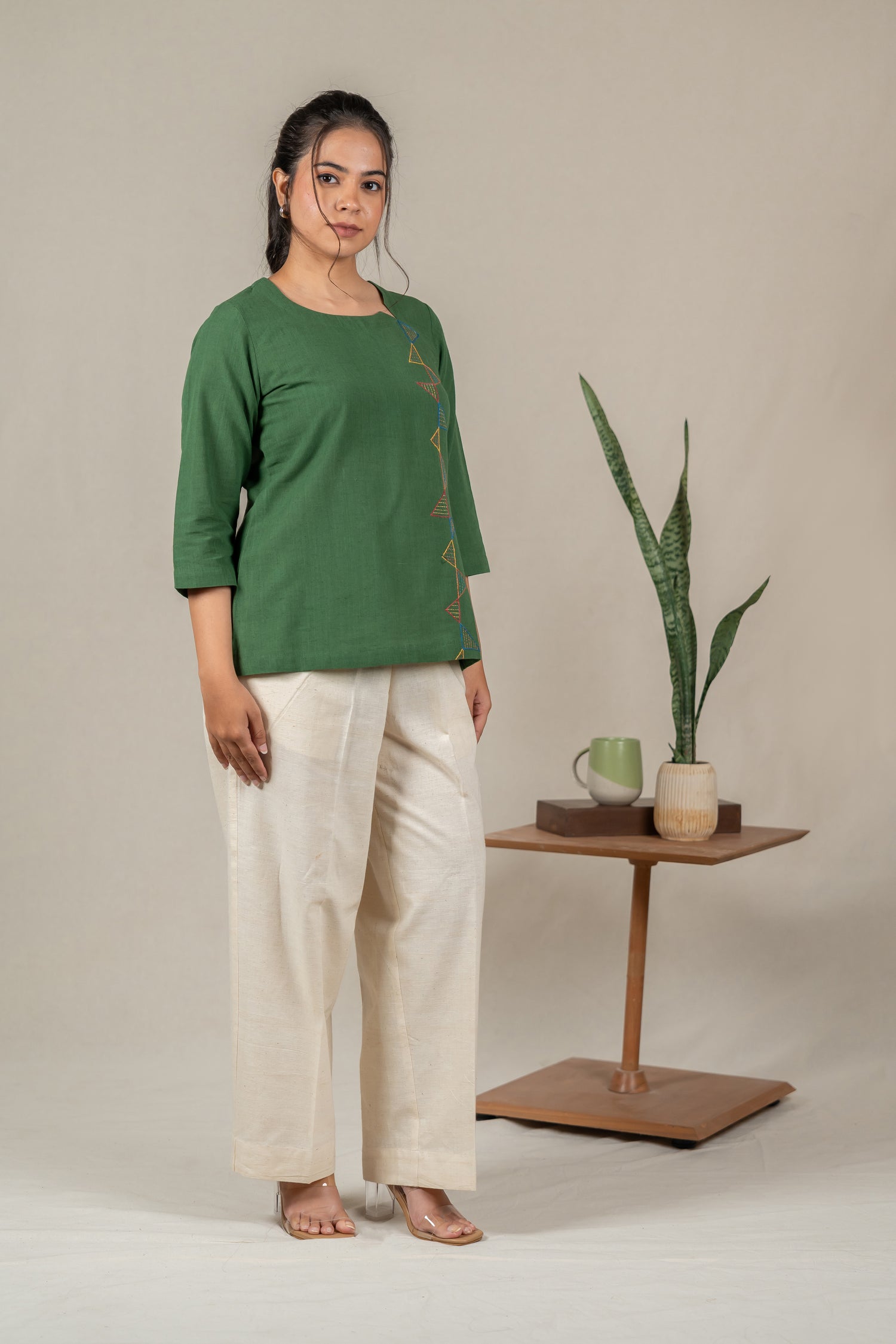 Hand Embroidered Cotton Tunic with Off-Center V-Neck in Green – Suchi