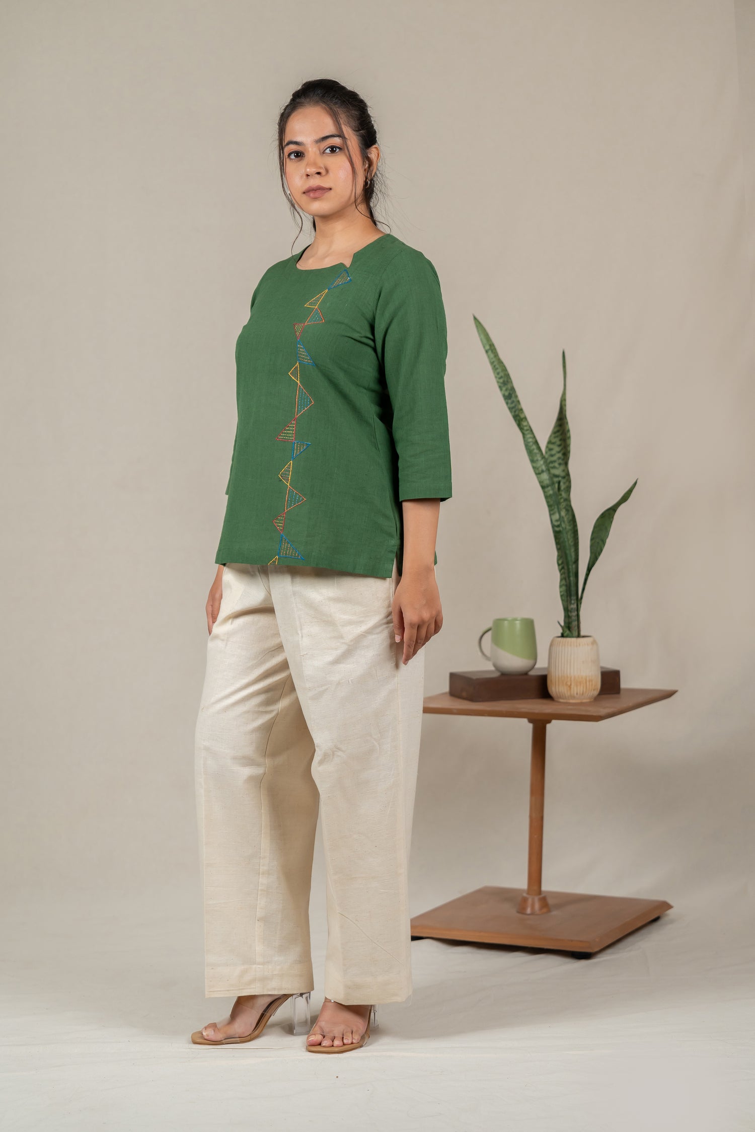 Hand Embroidered Cotton Tunic with Off-Center V-Neck in Green – Suchi