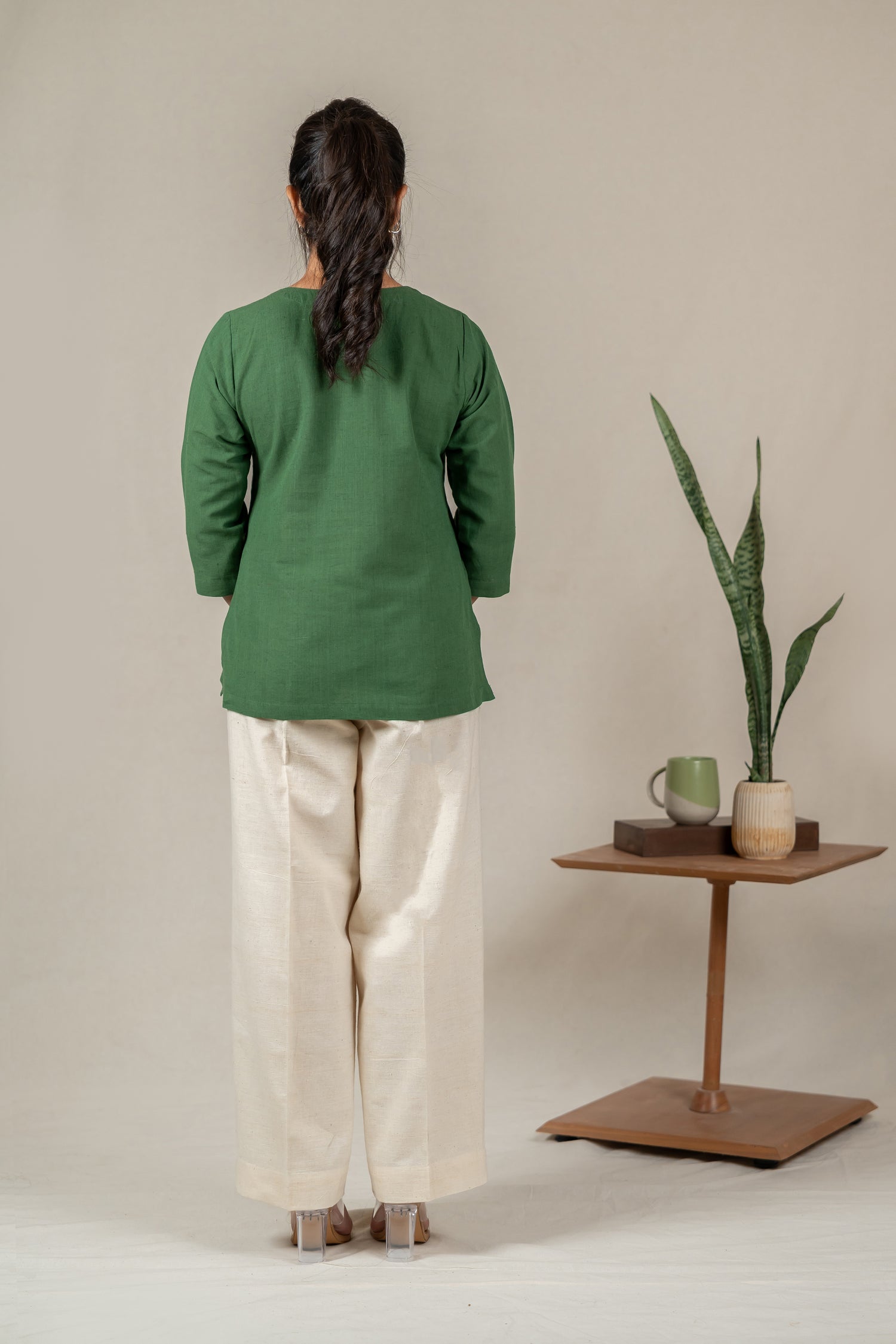 Hand Embroidered Cotton Tunic with Off-Center V-Neck in Green – Suchi