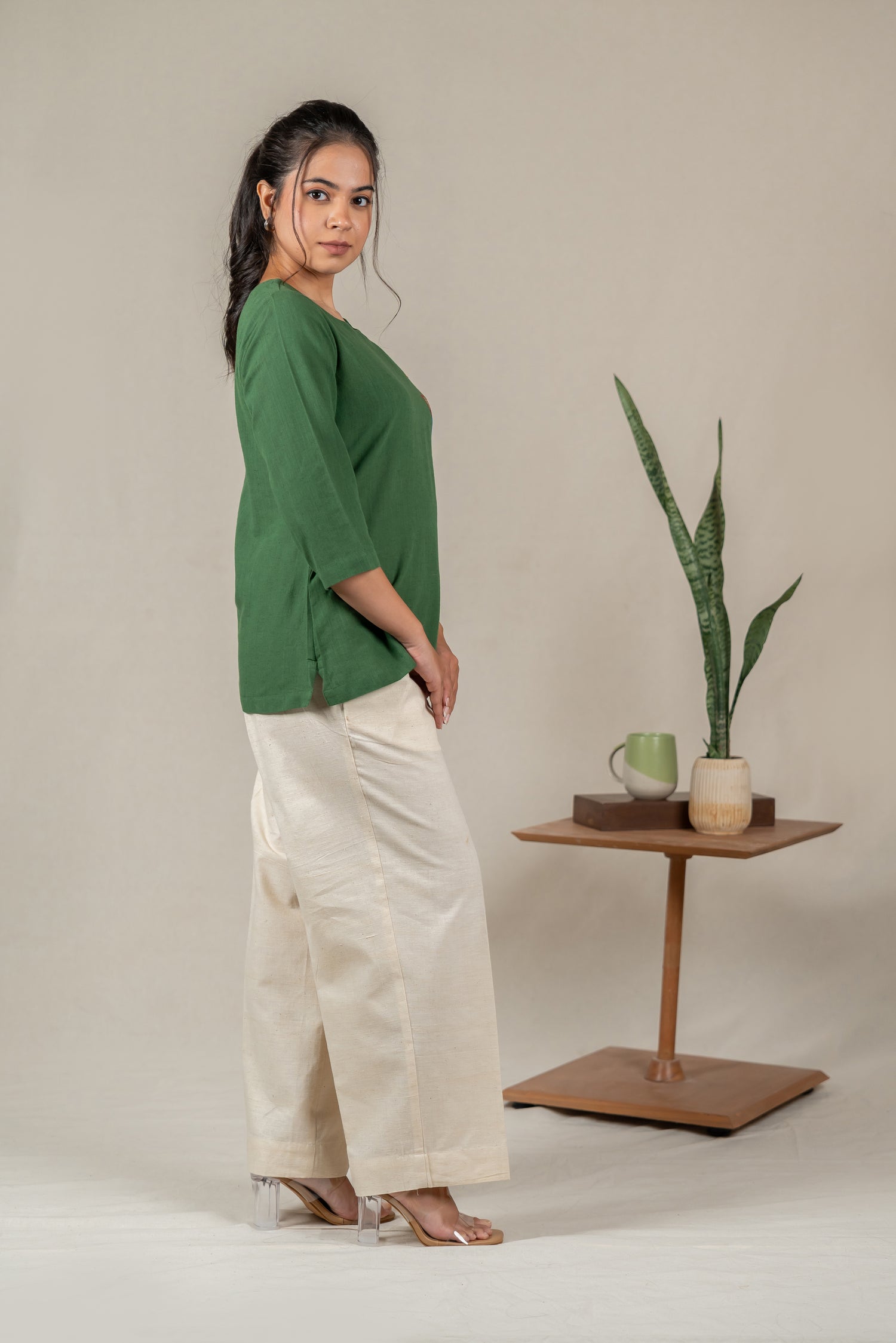 Hand Embroidered Cotton Tunic with Off-Center V-Neck in Green – Suchi