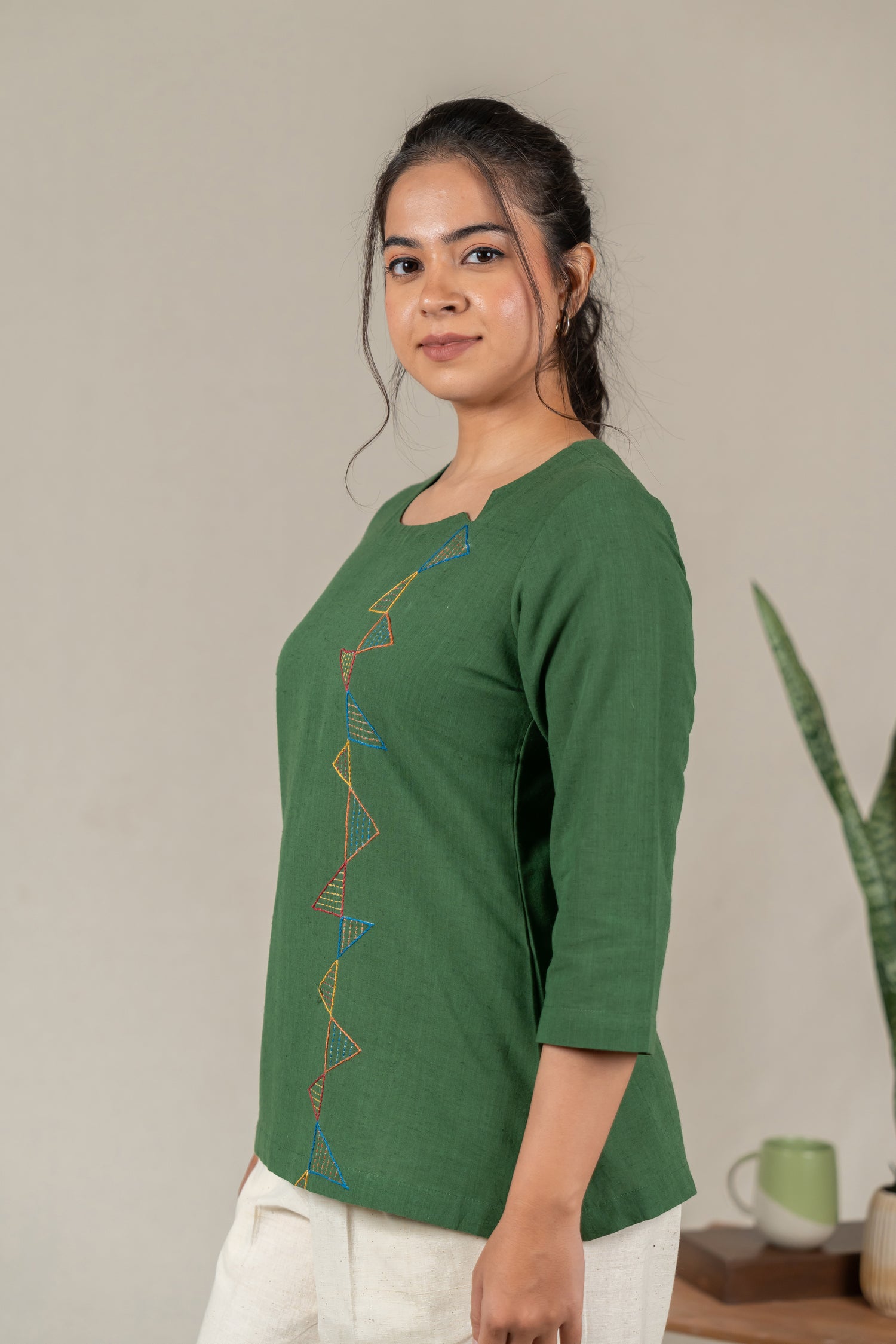 Hand Embroidered Cotton Tunic with Off-Center V-Neck in Green – Suchi