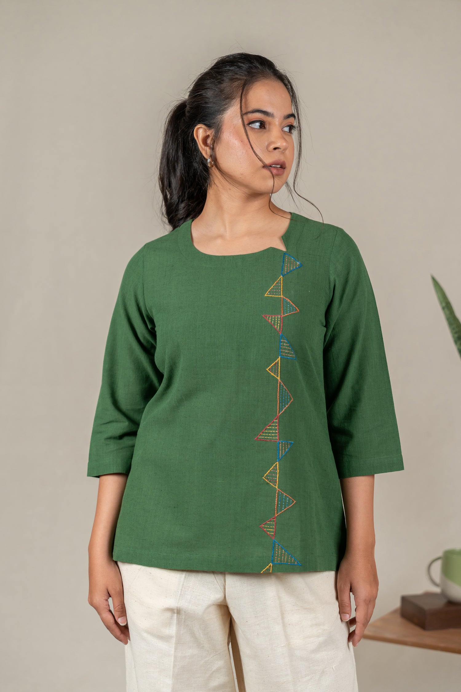 Hand Embroidered Cotton Tunic with Off-Center V-Neck in Green – Suchi