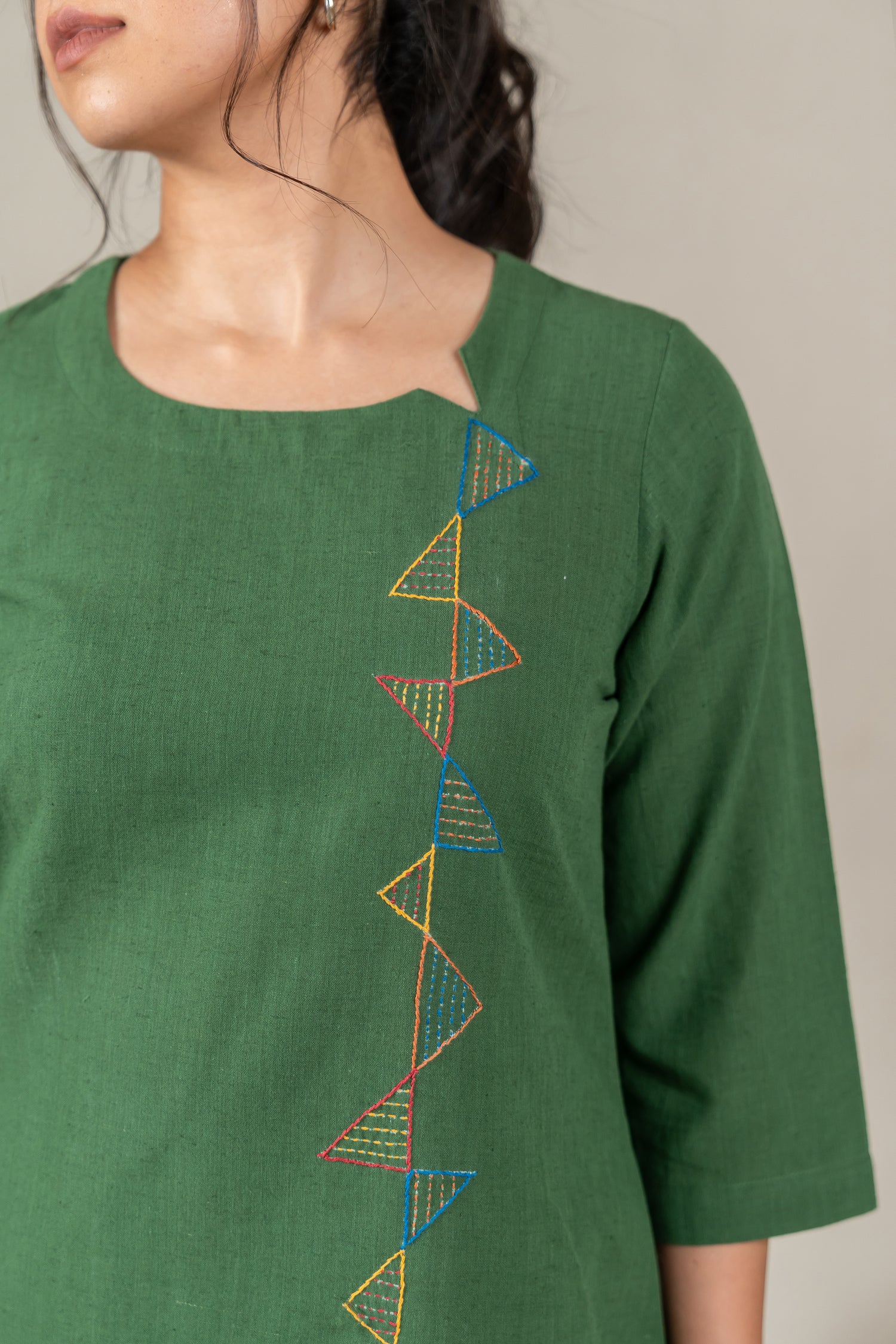 Hand Embroidered Cotton Tunic with Off-Center V-Neck in Green – Suchi