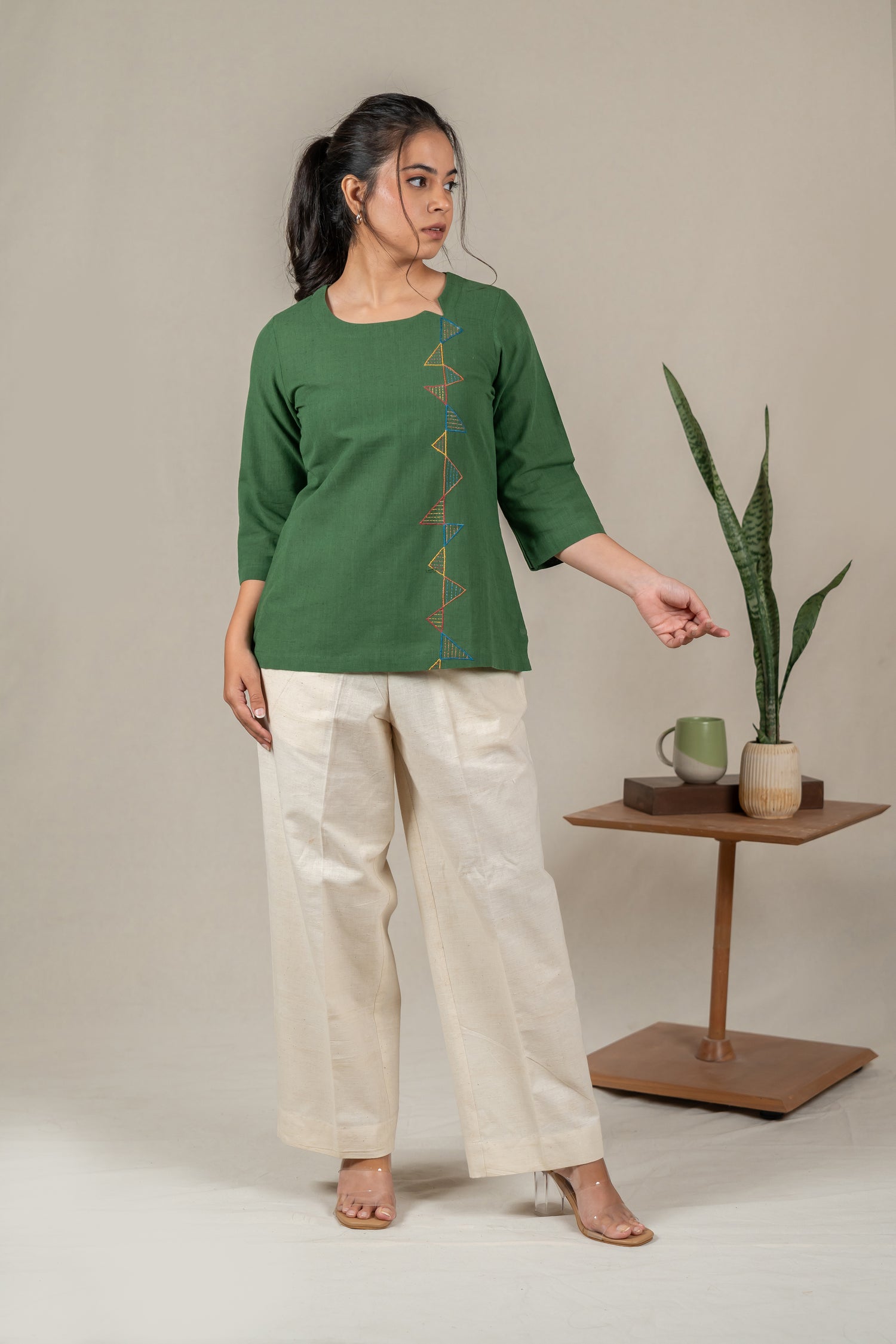 Hand Embroidered Cotton Tunic with Off-Center V-Neck in Green – Suchi