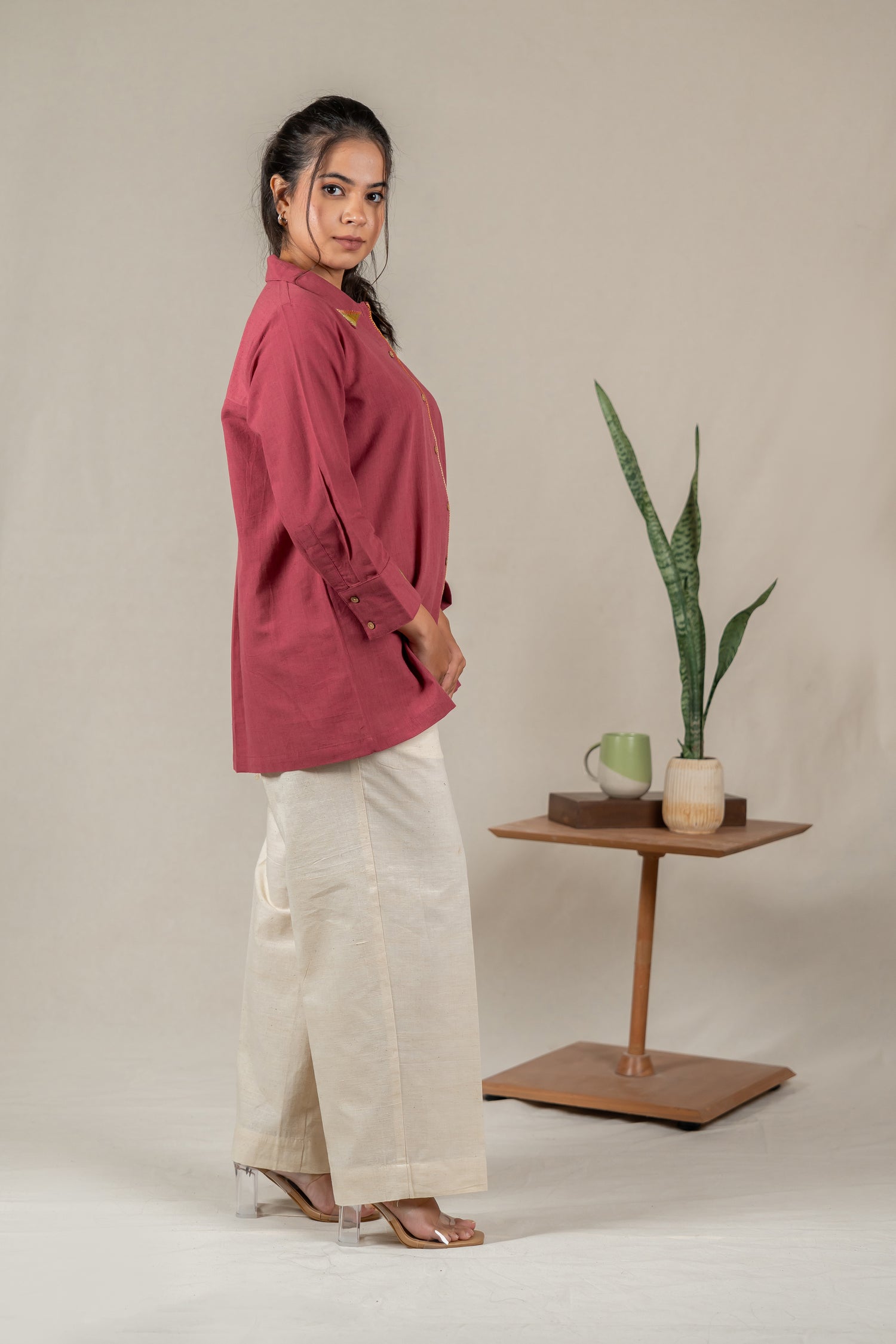 Hand Embroidered Handloom Cotton Top in Muted Pink – Suchi