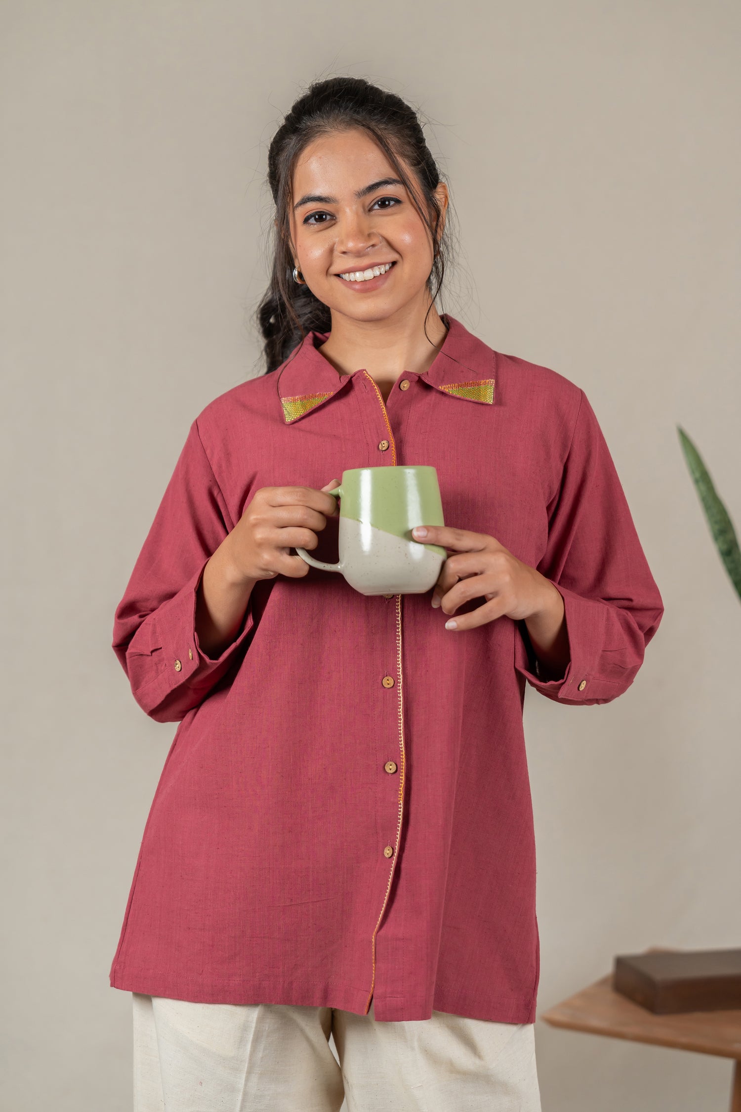 Hand Embroidered Handloom Cotton Top in Muted Pink – Suchi