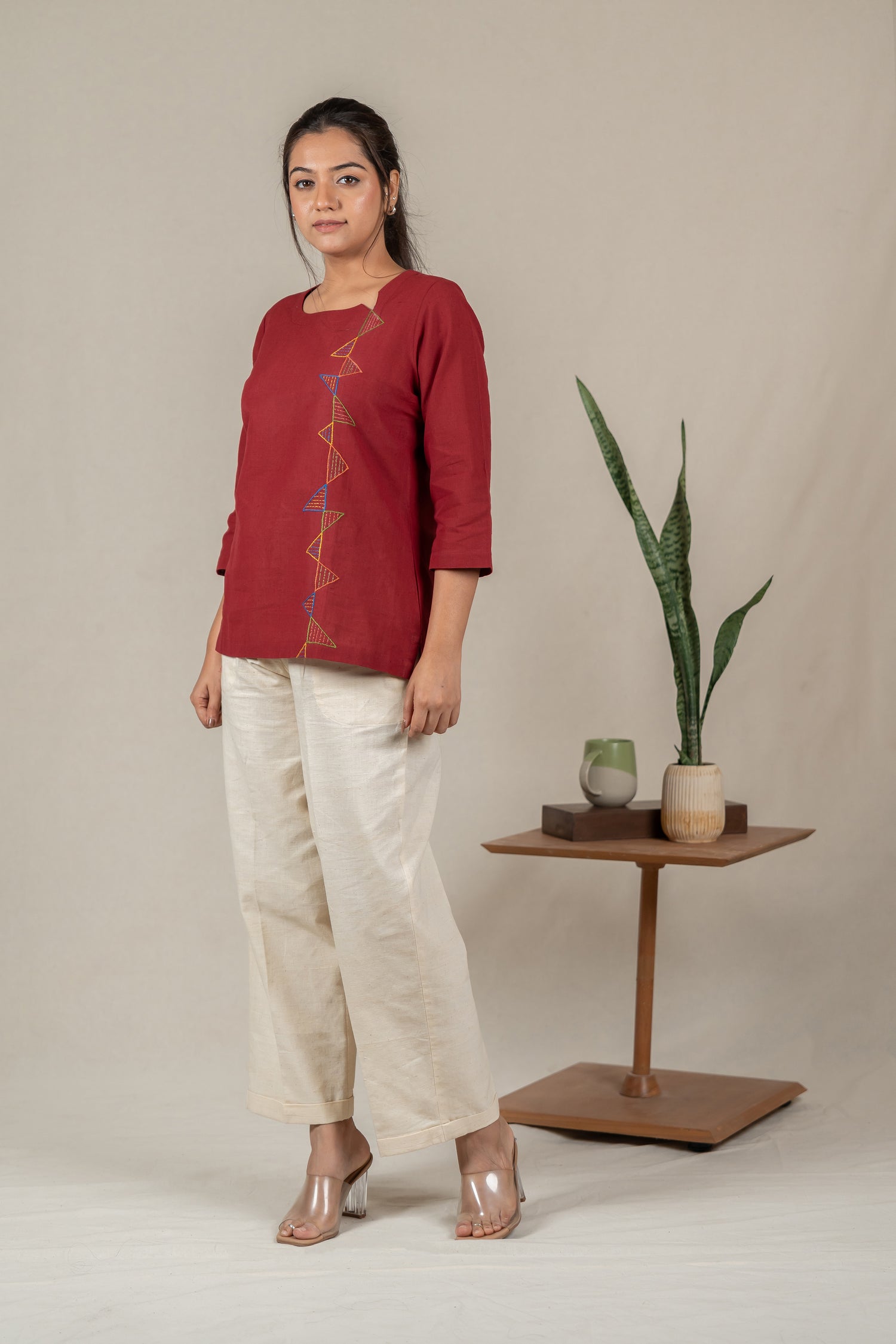 Hand Embroidered Handloom Cotton Tunic with Off-Center V-Neck in Maroon – Suchi