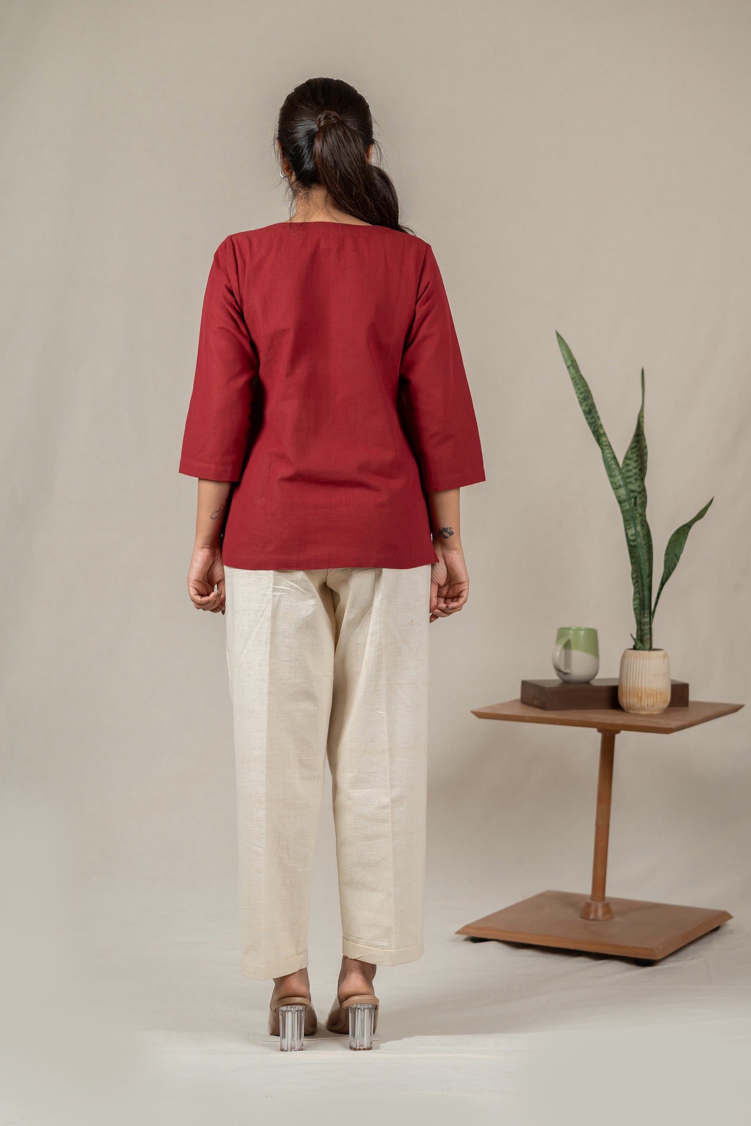 Hand Embroidered Handloom Cotton Tunic with Off-Center V-Neck in Maroon – Suchi