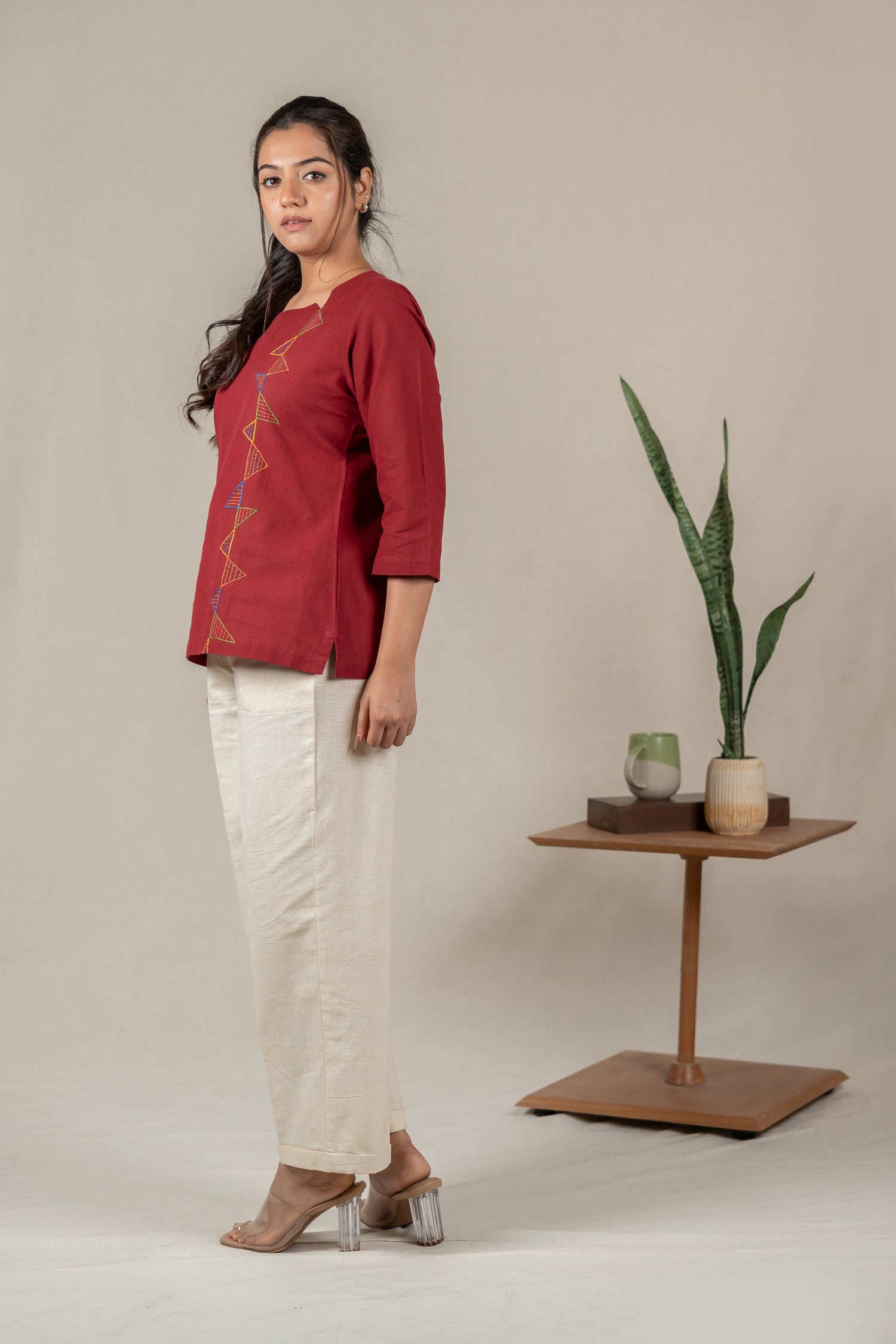 Hand Embroidered Handloom Cotton Tunic with Off-Center V-Neck in Maroon – Suchi