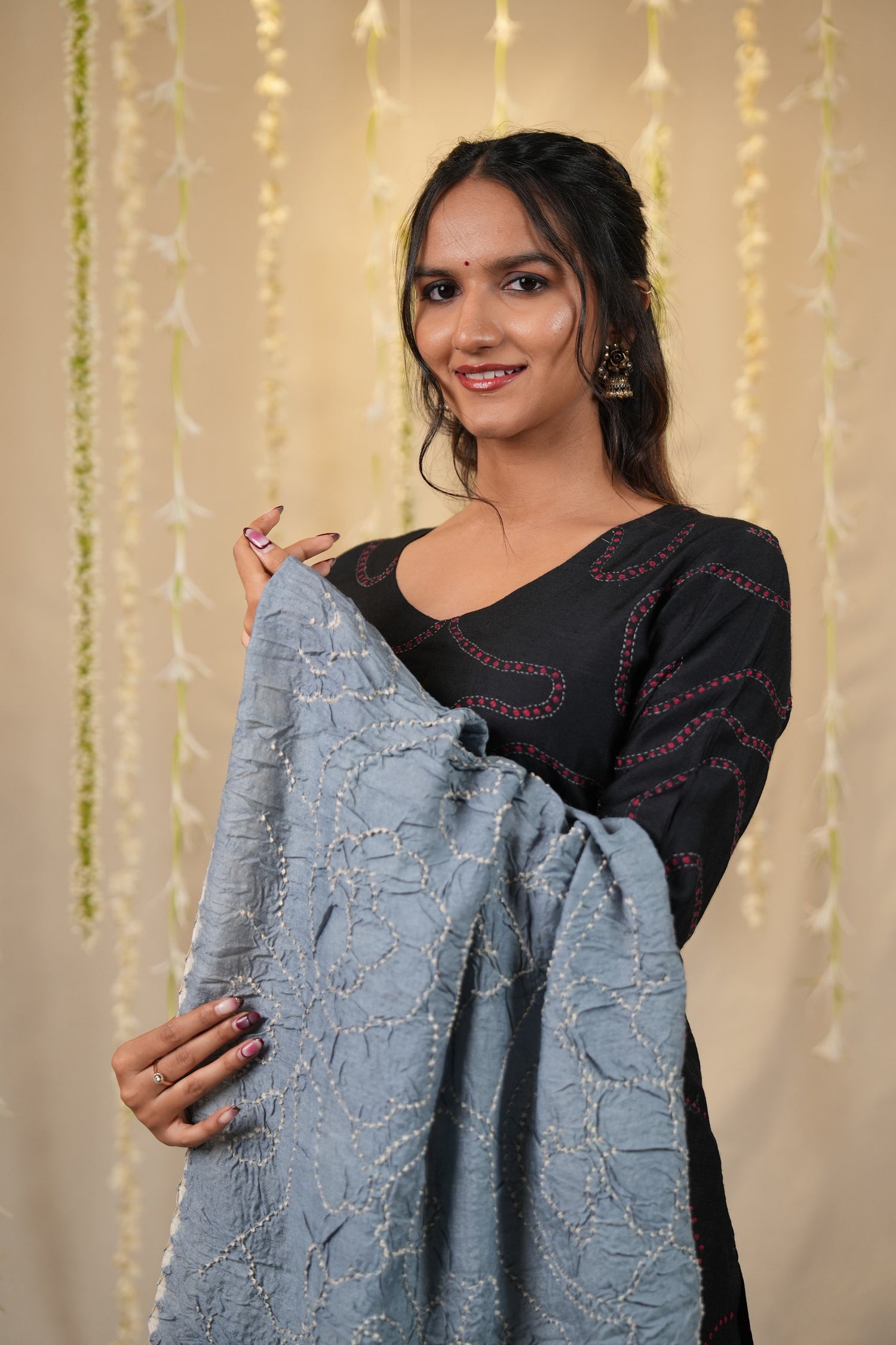 Ek Dor Black Muga Silk Kurta with Bandhani