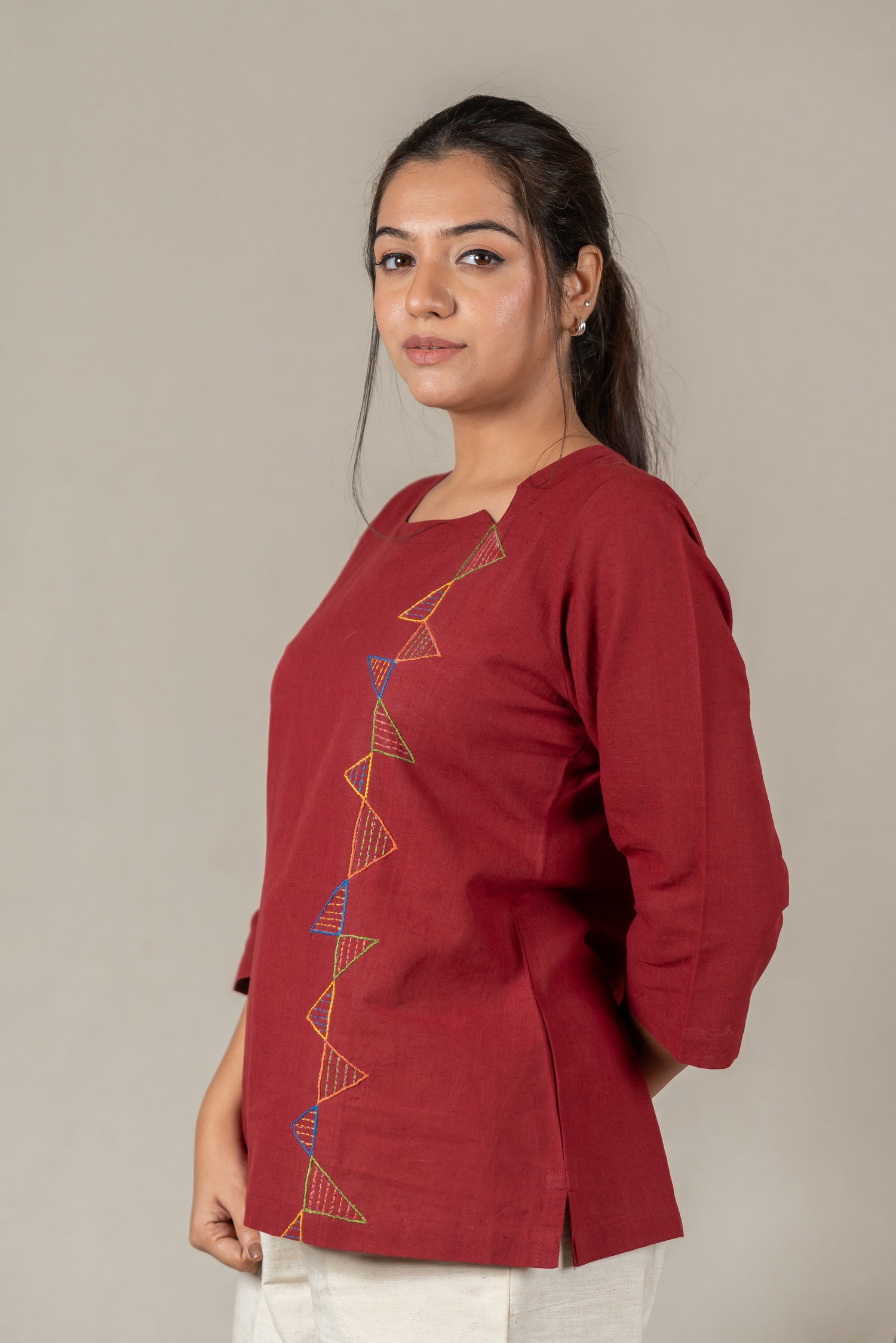 Hand Embroidered Handloom Cotton Tunic with Off-Center V-Neck in Maroon – Suchi