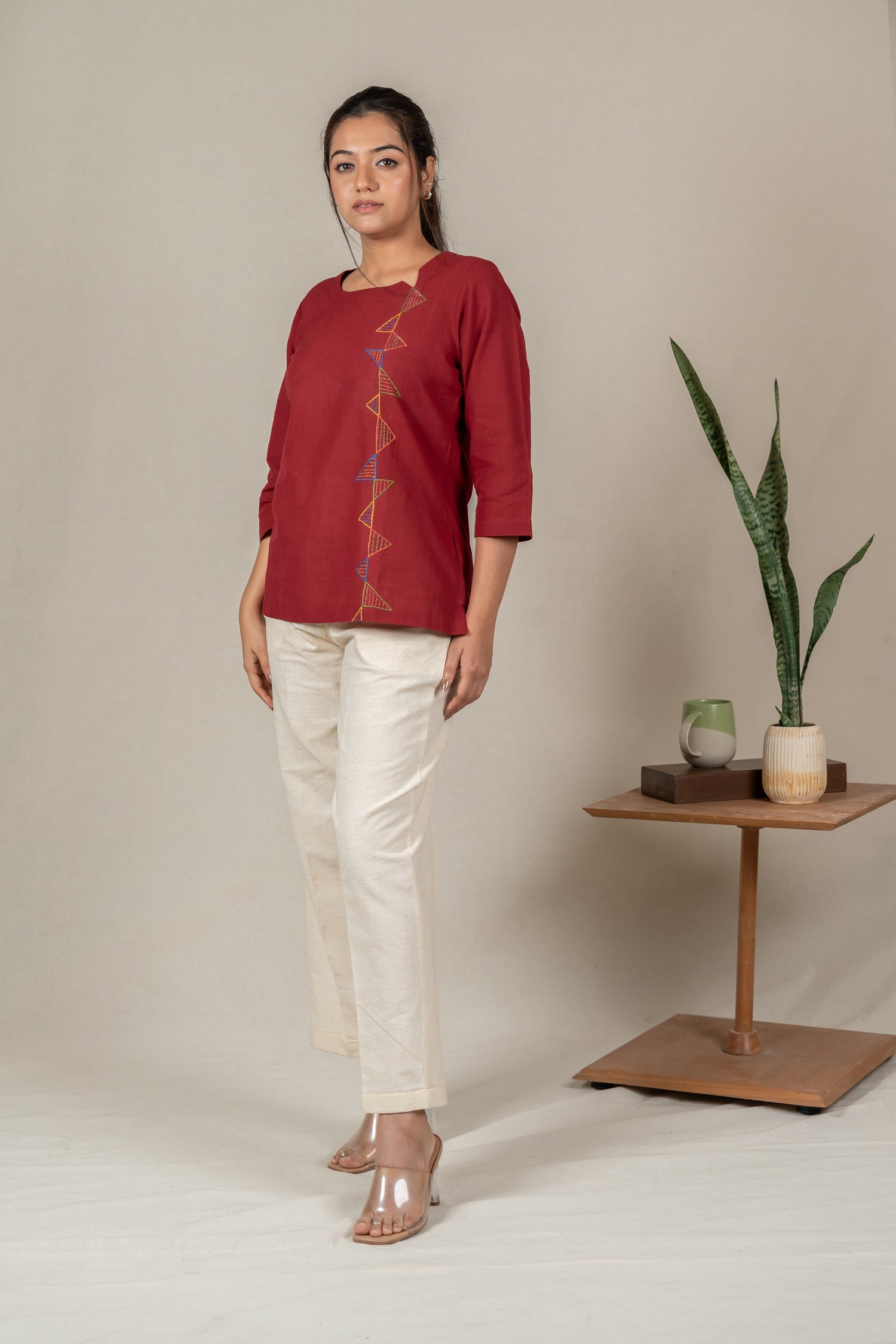 Hand Embroidered Handloom Cotton Tunic with Off-Center V-Neck in Maroon – Suchi