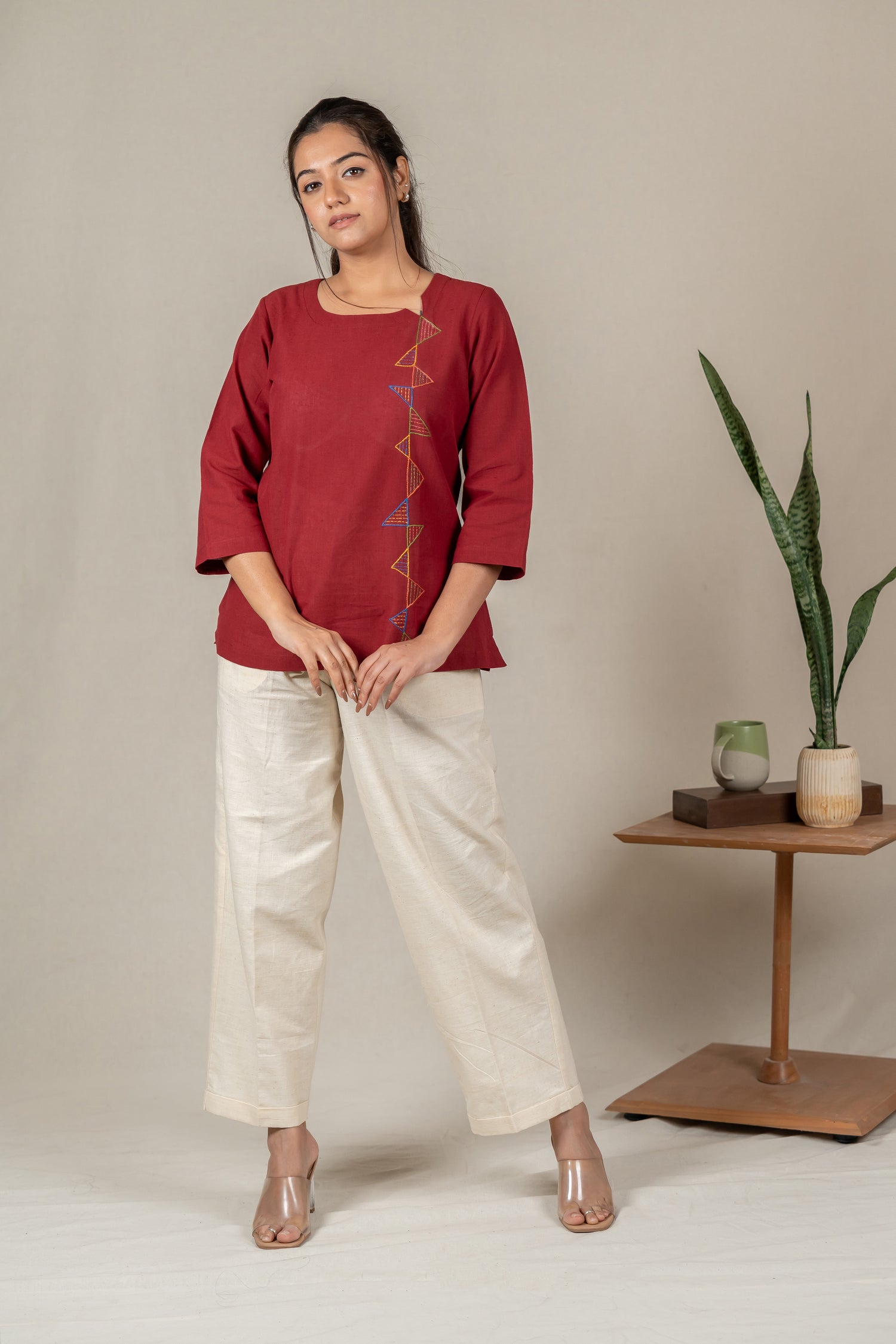 Hand Embroidered Handloom Cotton Tunic with Off-Center V-Neck in Maroon – Suchi