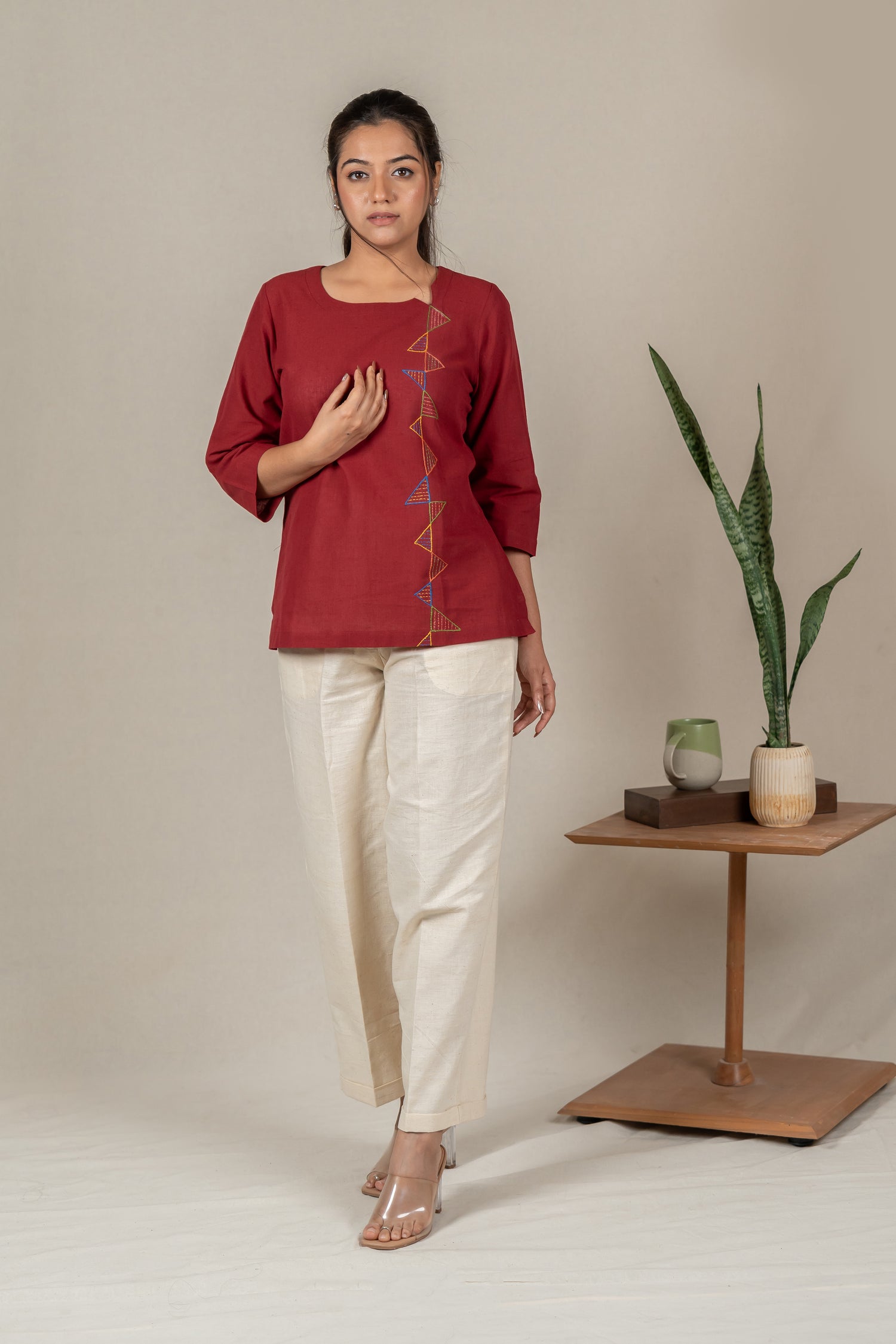 Hand Embroidered Handloom Cotton Tunic with Off-Center V-Neck in Maroon – Suchi