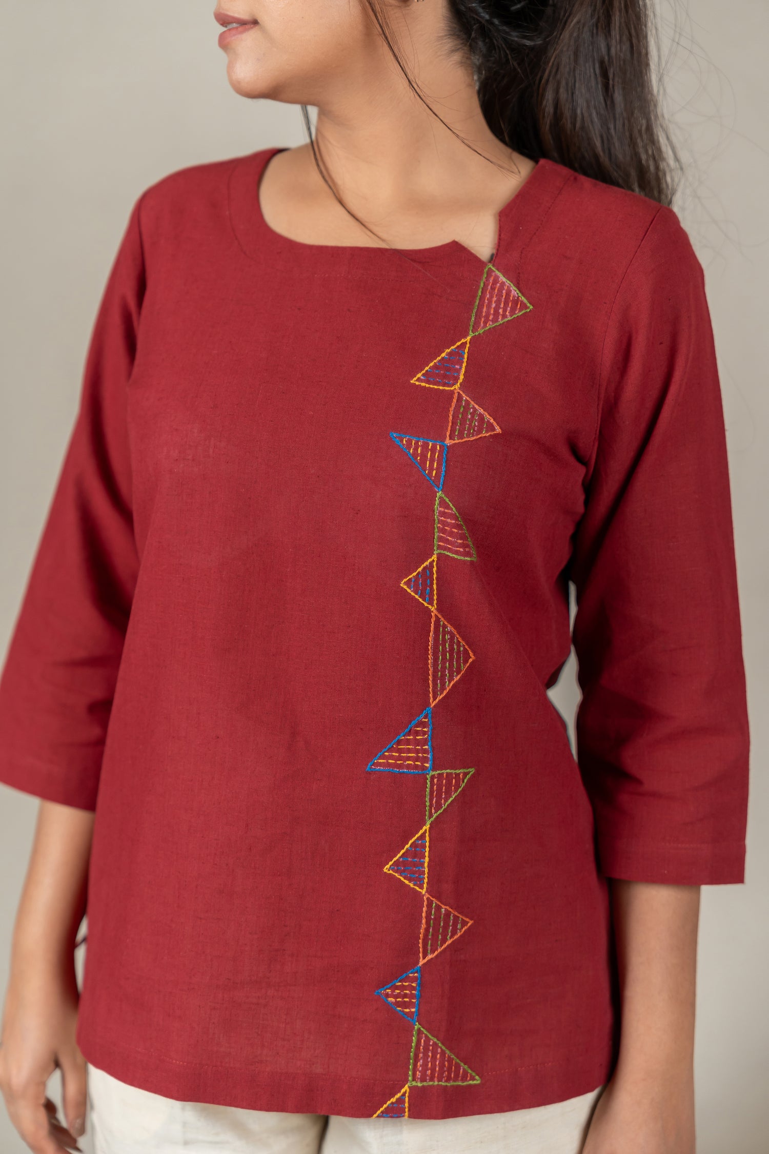 Hand Embroidered Handloom Cotton Tunic with Off-Center V-Neck in Maroon – Suchi