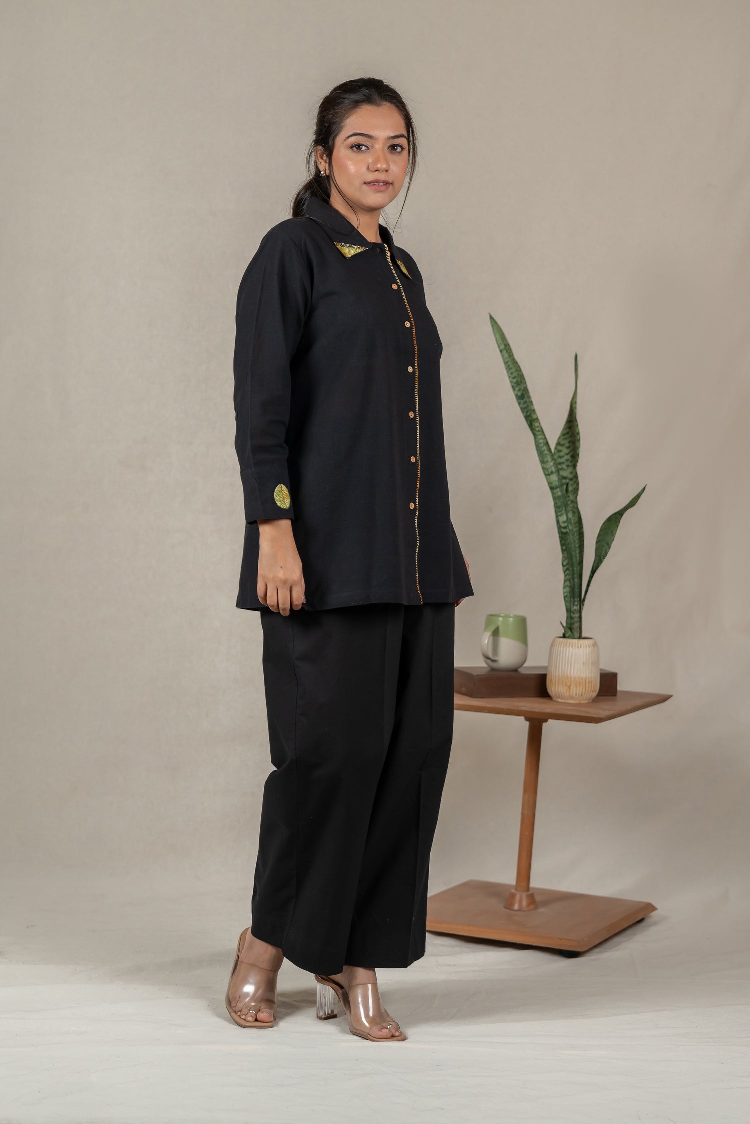 Hand Embroidered Handloom Cotton Shirt in Black – Suchi