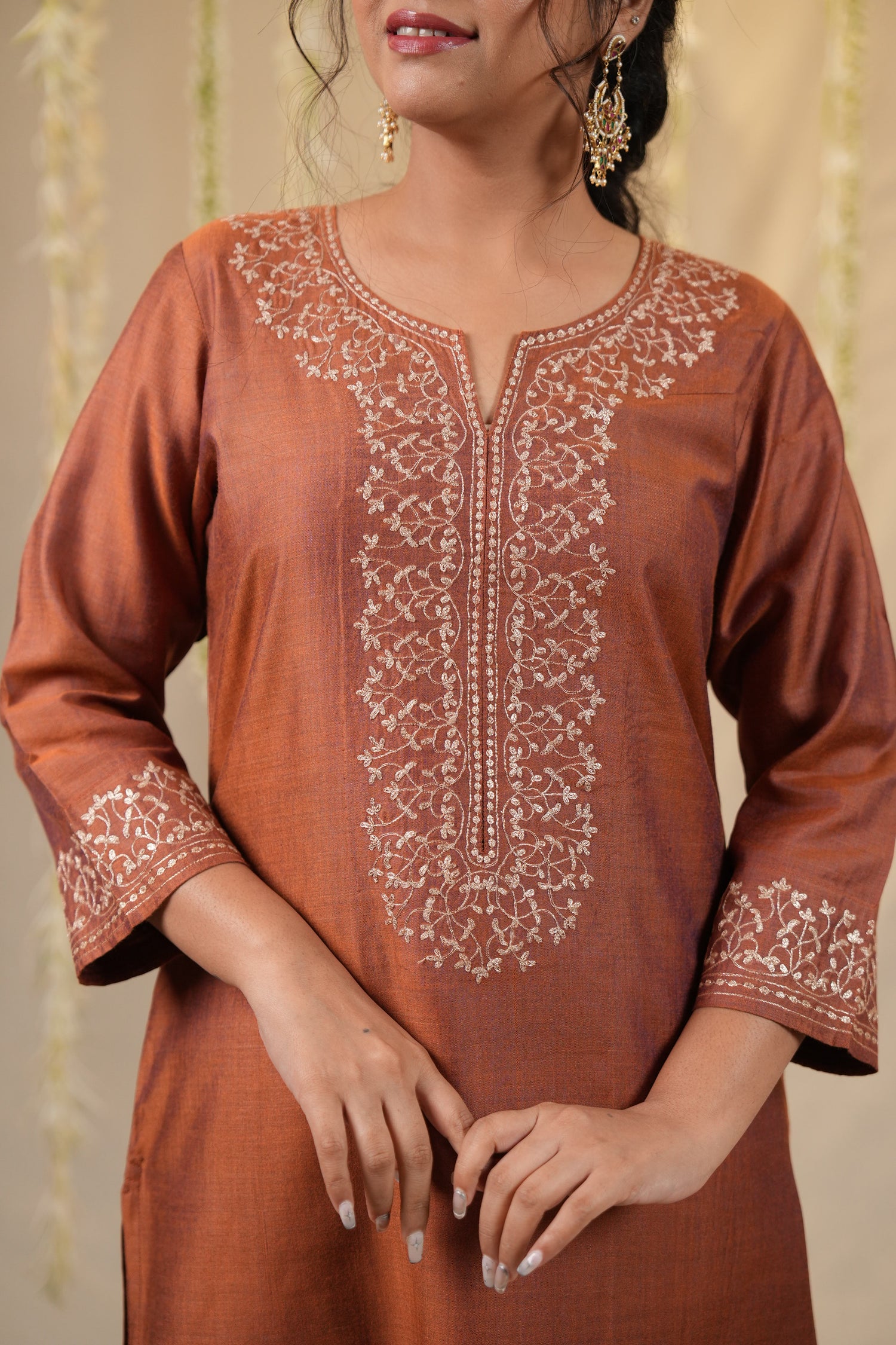 Ek Dor Rust Cotton Silk Kurta Set with Machine Embroidery – Set of Three