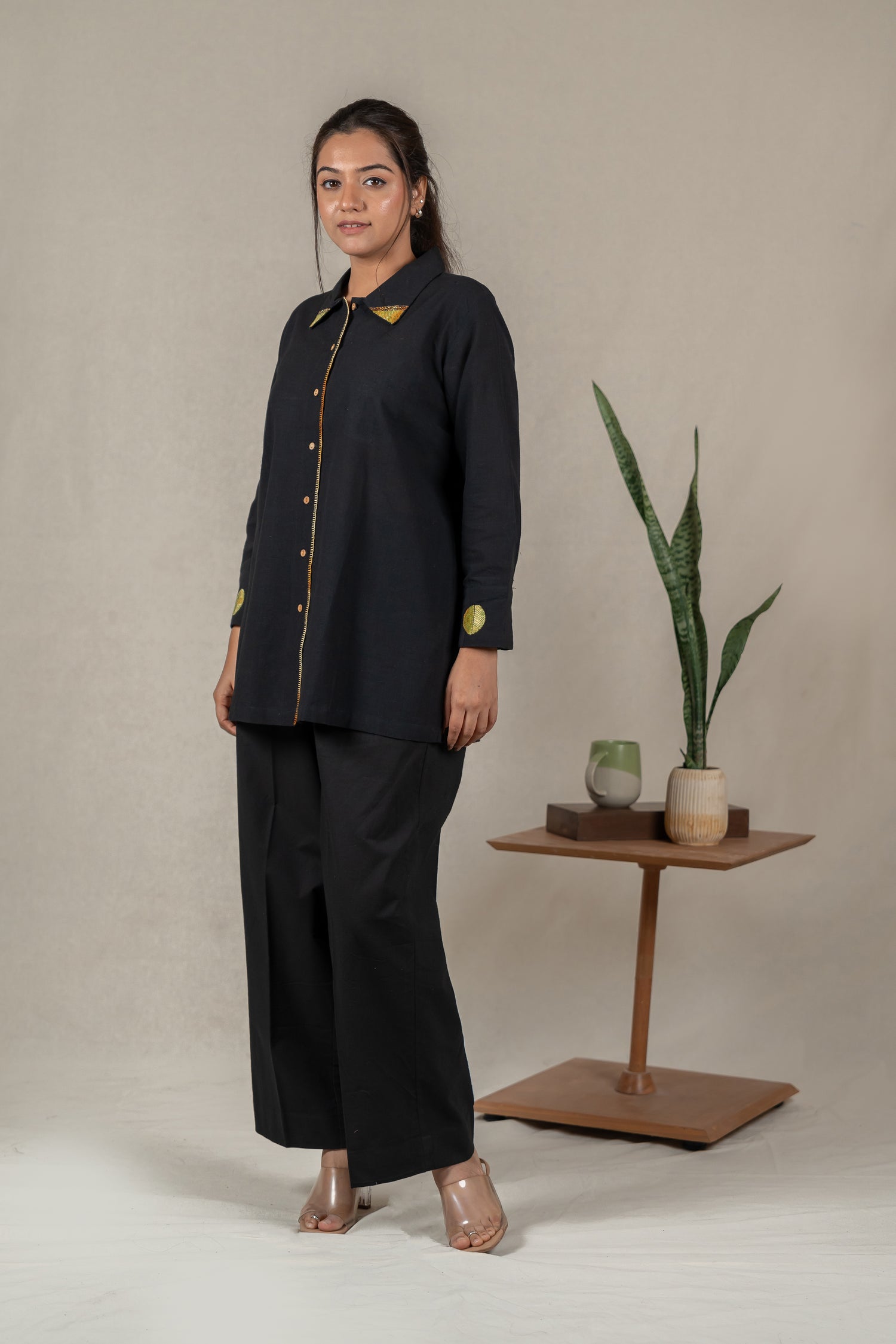 Hand Embroidered Handloom Cotton Shirt in Black – Suchi