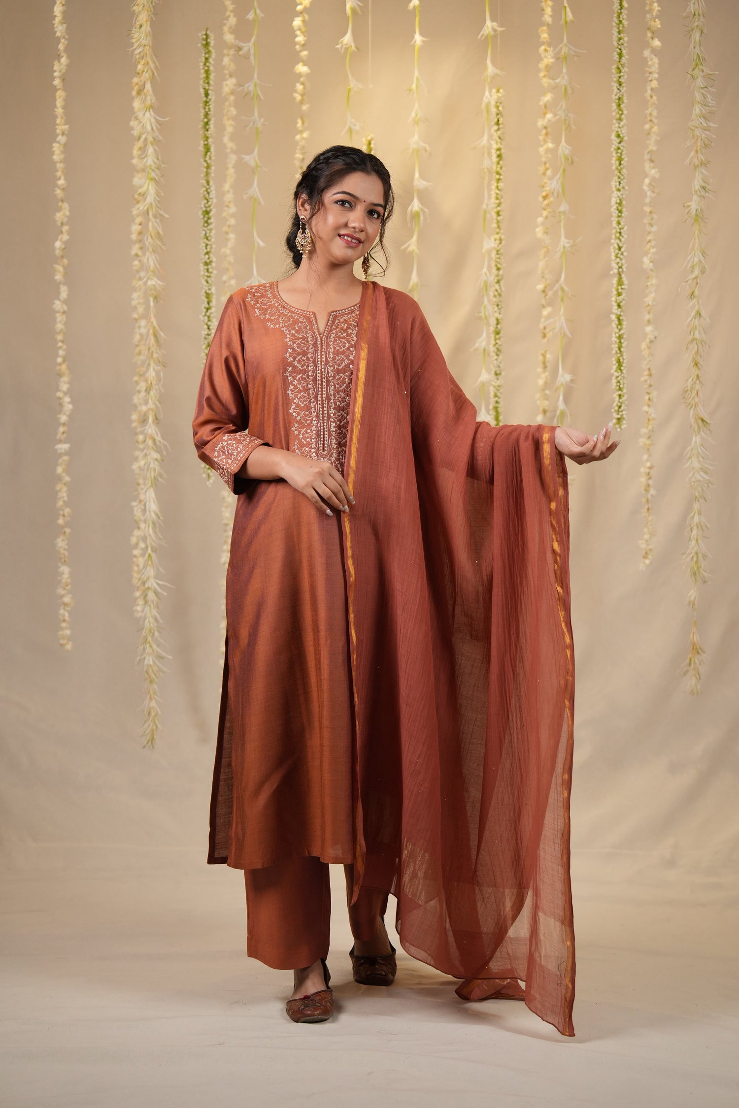 Ek Dor Rust Cotton Silk Kurta Set with Machine Embroidery – Set of Three