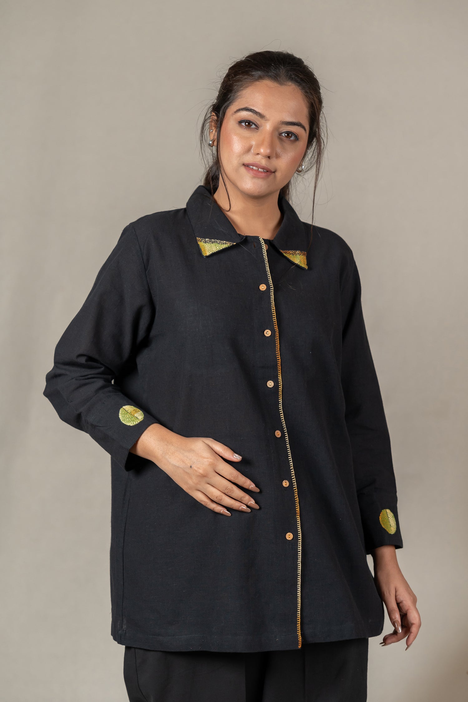 Hand Embroidered Handloom Cotton Shirt in Black – Suchi