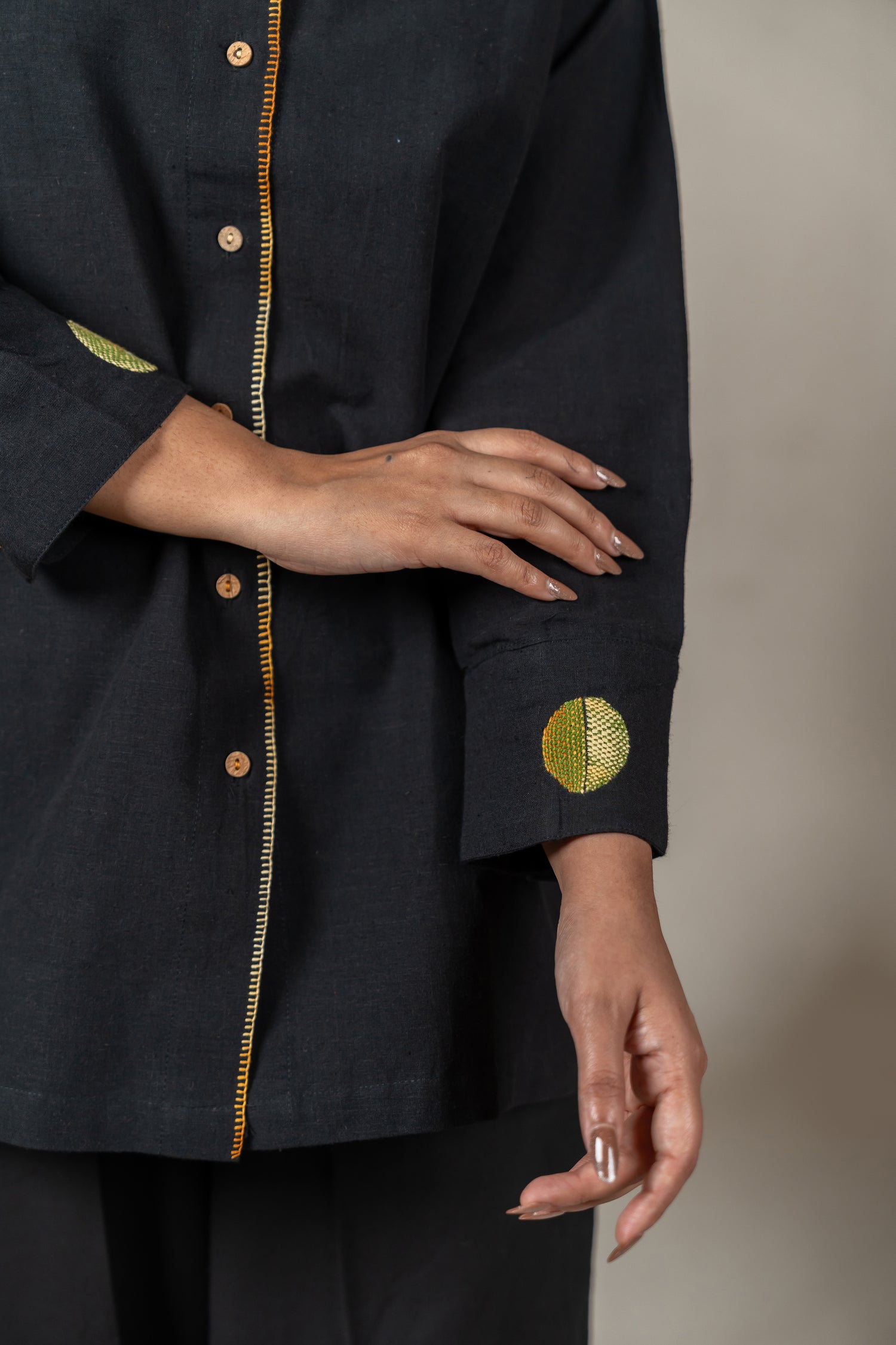 Hand Embroidered Handloom Cotton Shirt in Black – Suchi