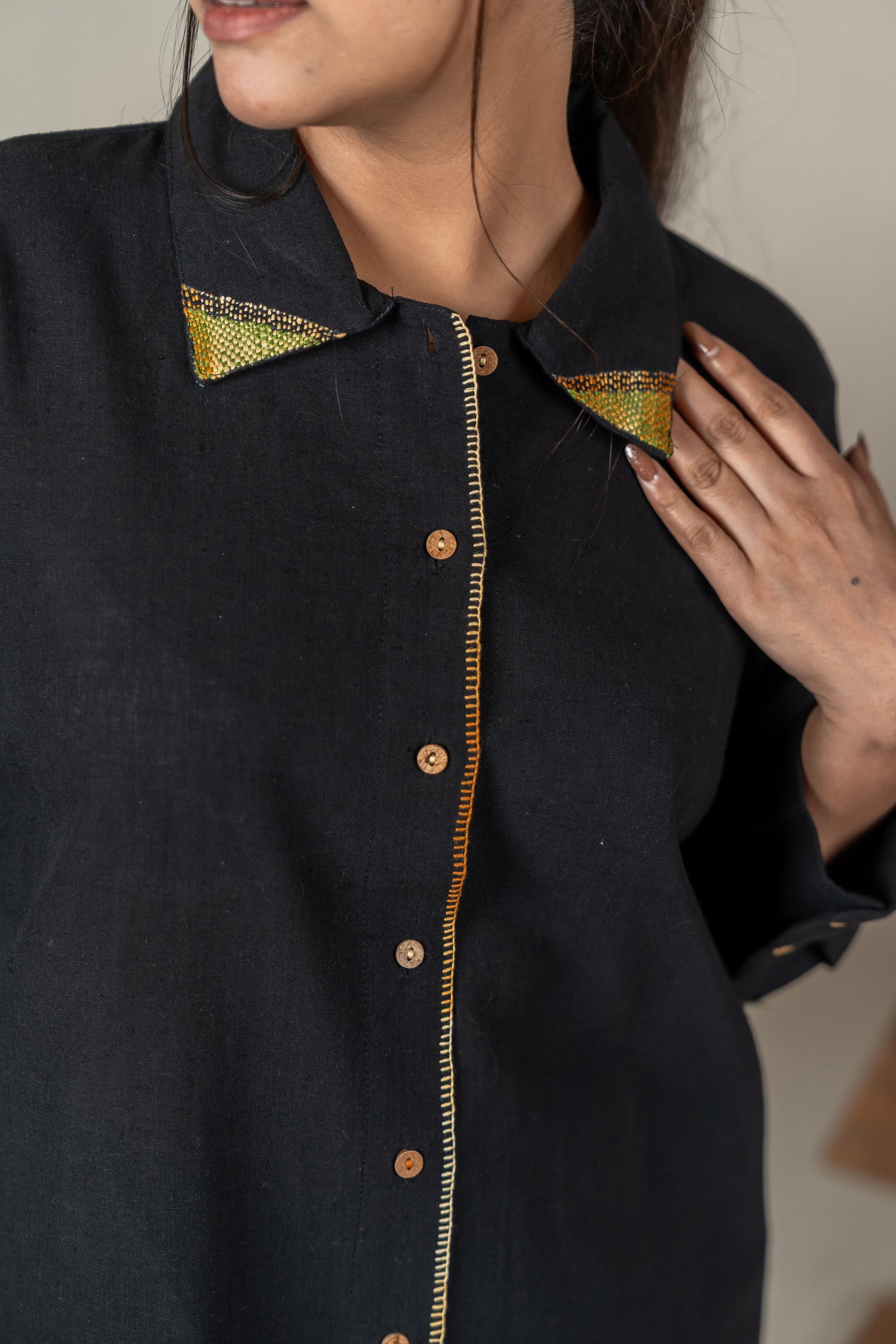 Hand Embroidered Handloom Cotton Shirt in Black – Suchi