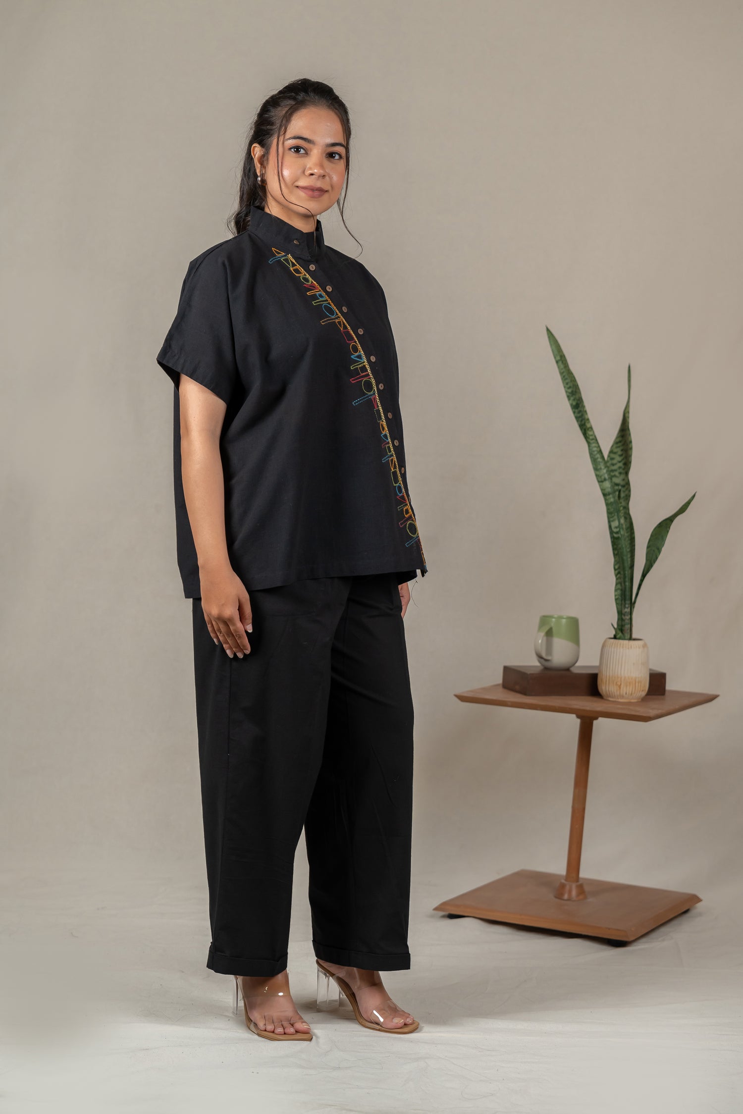 Hand Embroidered Handloom Cotton Shirt with Asymmetrical Placket in Black – Suchi