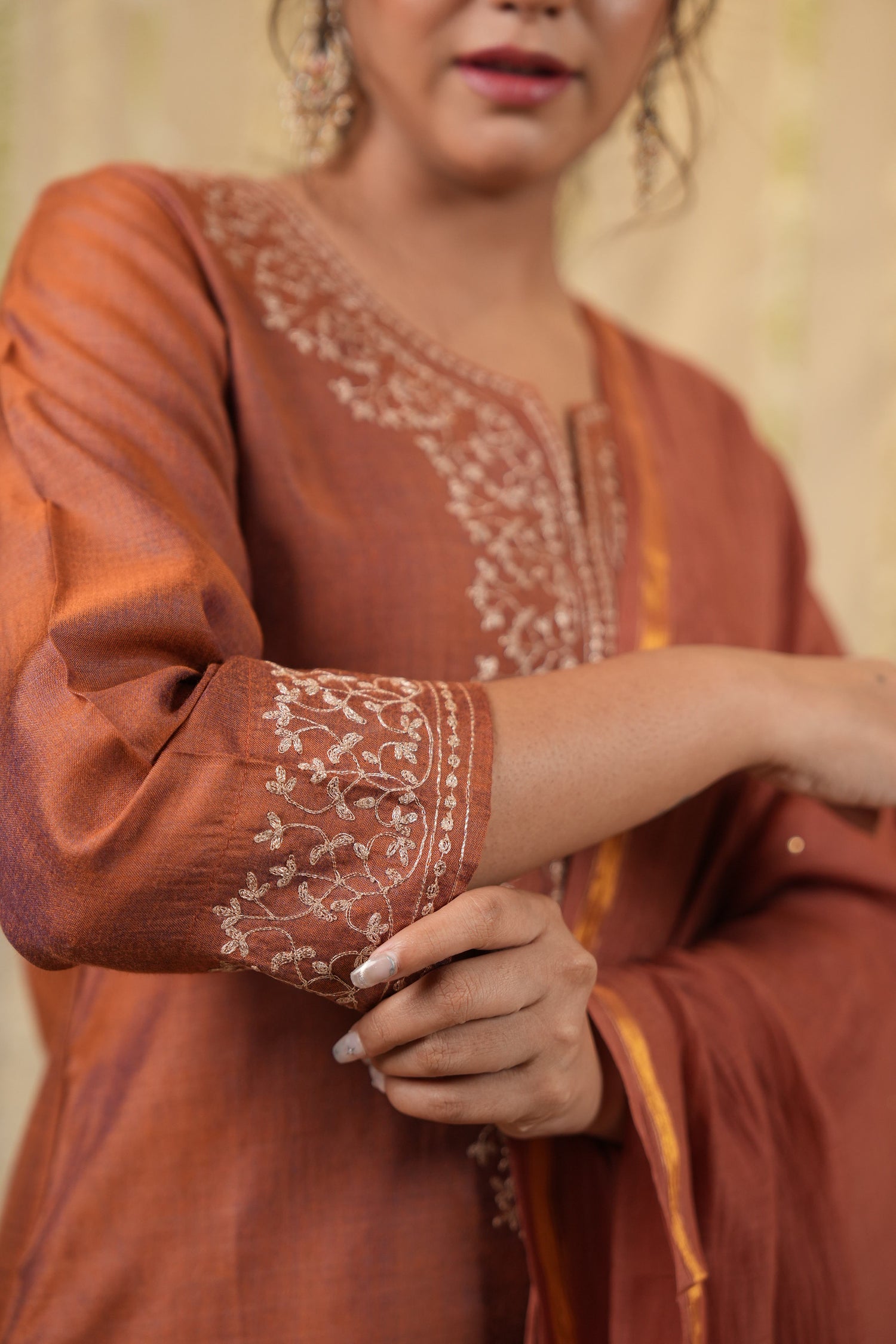 Ek Dor Rust Cotton Silk Kurta Set with Machine Embroidery – Set of Three
