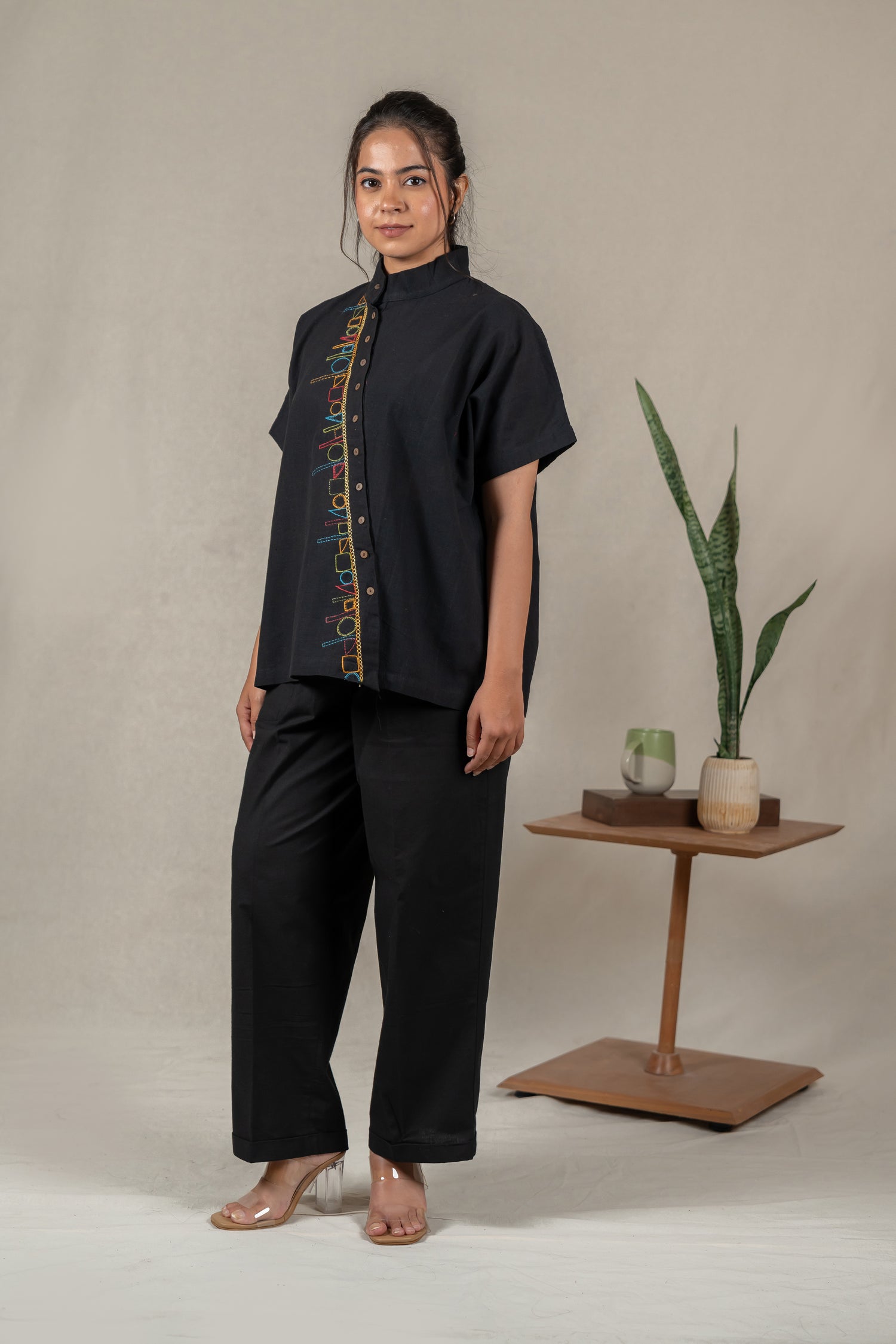 Hand Embroidered Handloom Cotton Shirt with Asymmetrical Placket in Black – Suchi