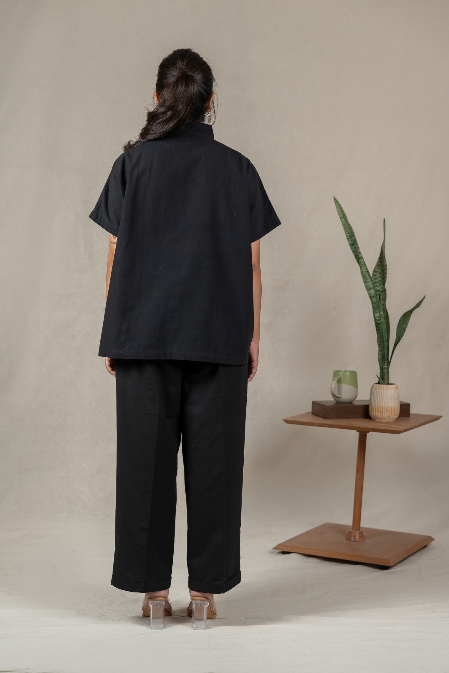 Hand Embroidered Handloom Cotton Shirt with Asymmetrical Placket in Black – Suchi