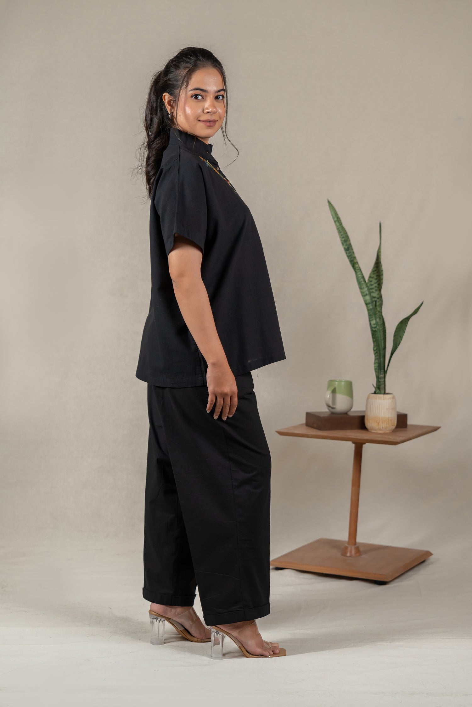 Hand Embroidered Handloom Cotton Shirt with Asymmetrical Placket in Black – Suchi