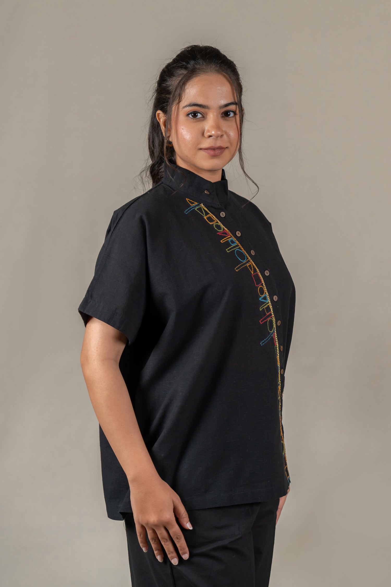 Hand Embroidered Handloom Cotton Shirt with Asymmetrical Placket in Black – Suchi