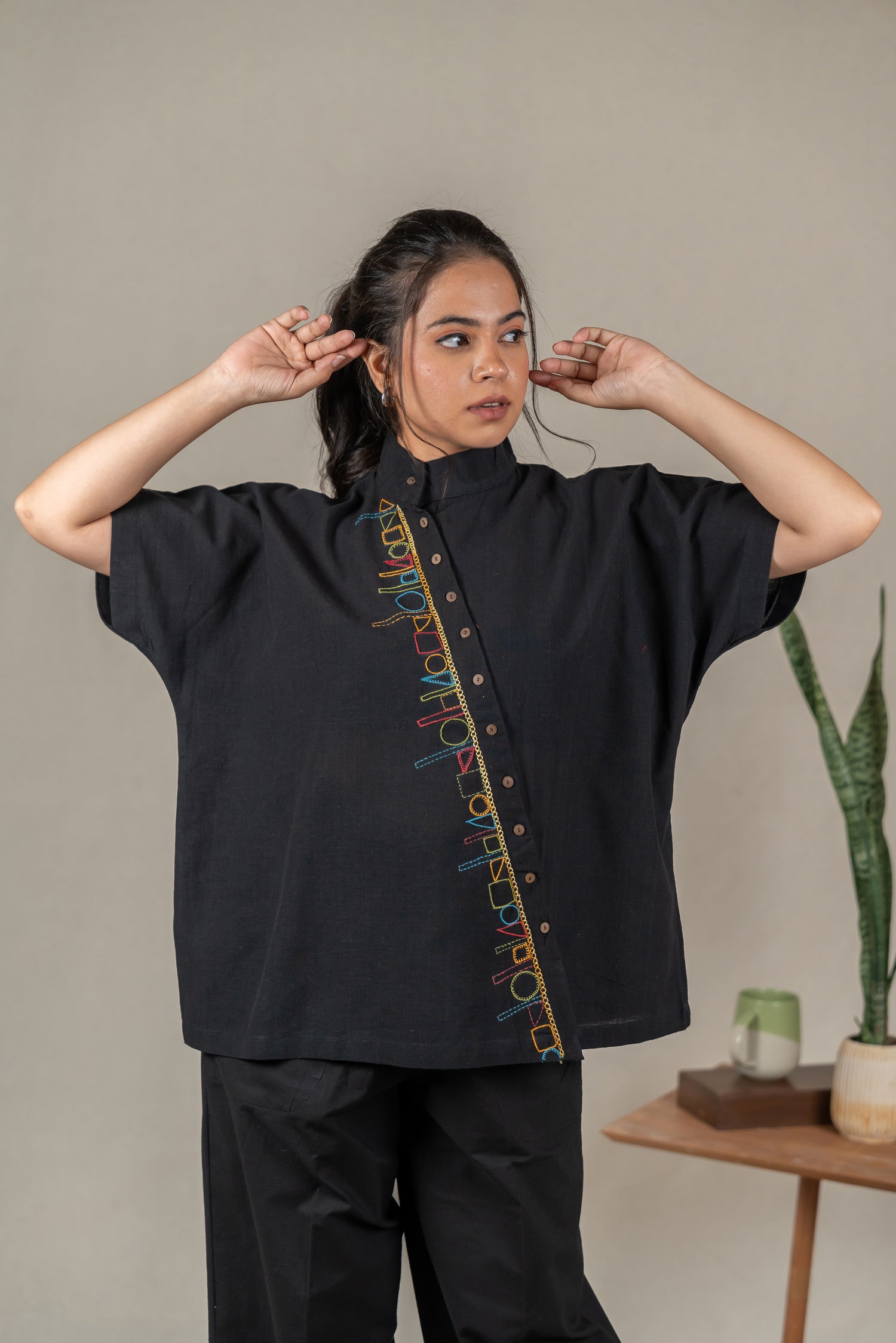 Hand Embroidered Handloom Cotton Shirt with Asymmetrical Placket in Black – Suchi