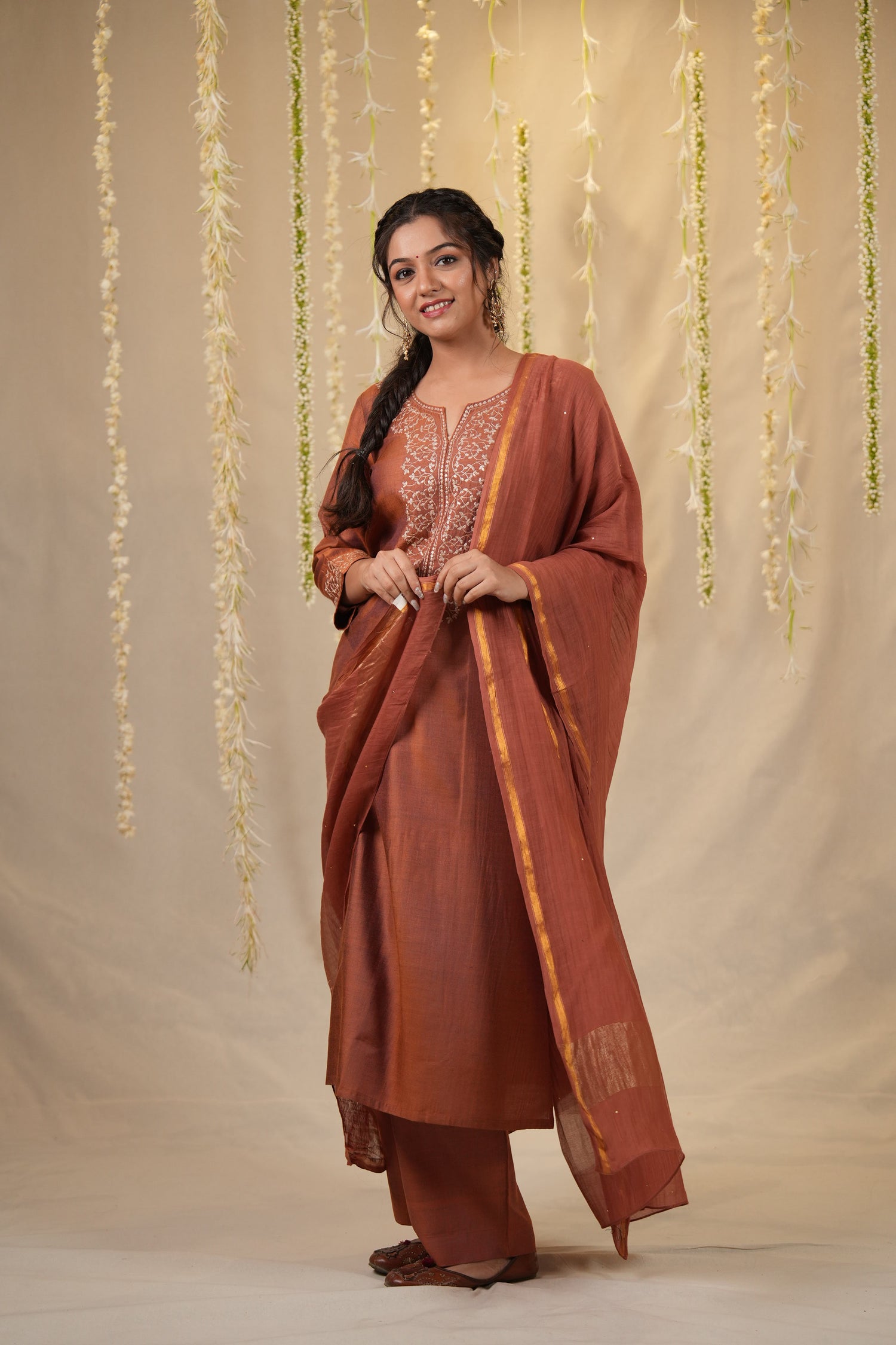 Ek Dor Rust Cotton Silk Kurta Set with Machine Embroidery – Set of Three