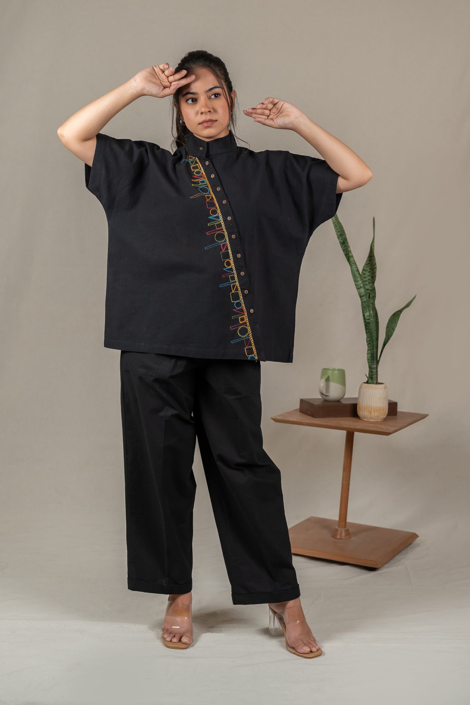 Hand Embroidered Handloom Cotton Shirt with Asymmetrical Placket in Black – Suchi